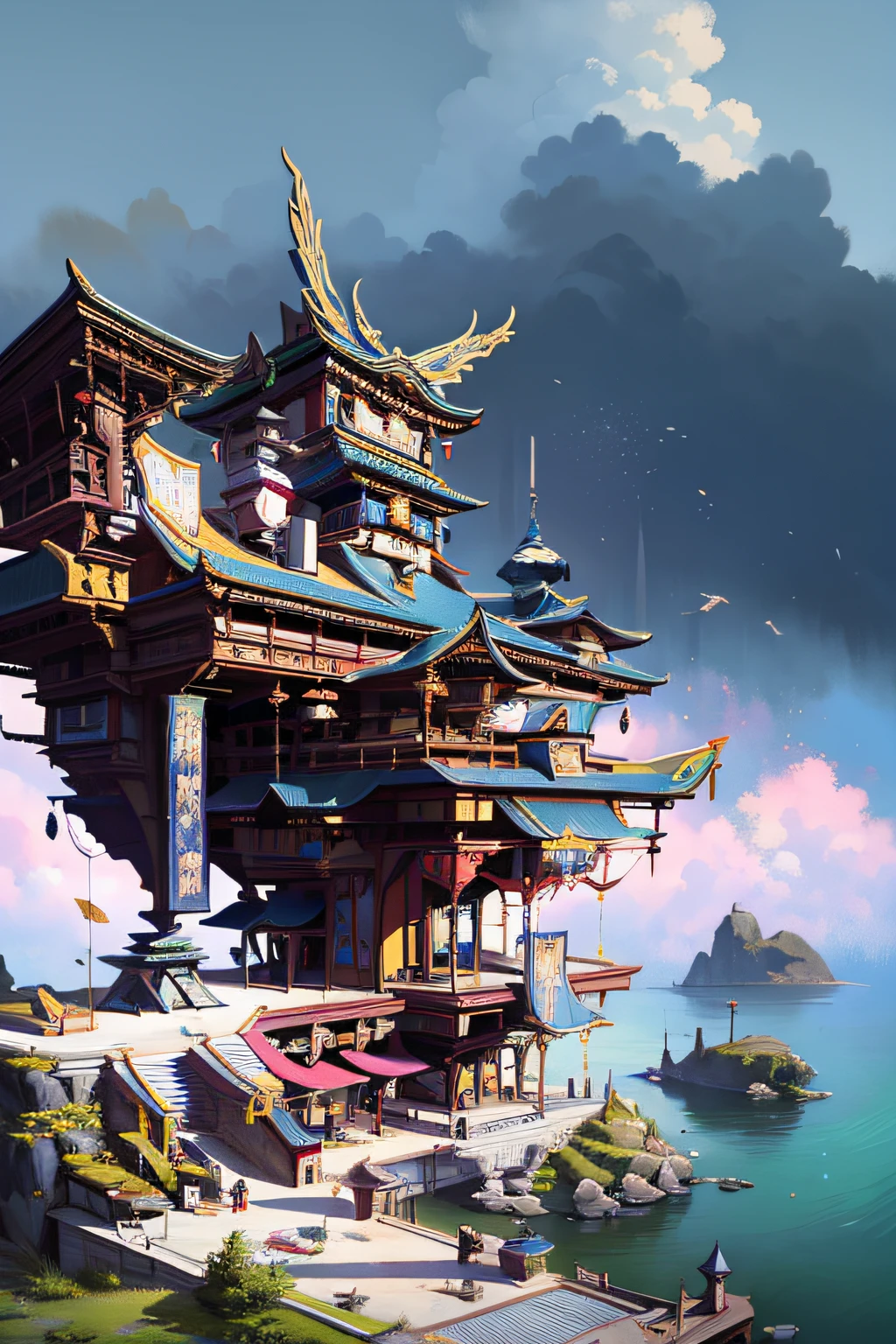 Game Academy，Ethno-style architecture，Ancient Chinese，Structurally sound、High-definition details，sci-fy，neonlight，cyber punk perssonage，Exaggerated particle effects，perfect works，White background，Cloudy sky, Cloud, Pastel color,（tmasterpiece，top-quality，best qualtiy，offcial art，Beauty and aesthetics：1.2），（8K，best qualtiy，tmasterpiece：1.2）