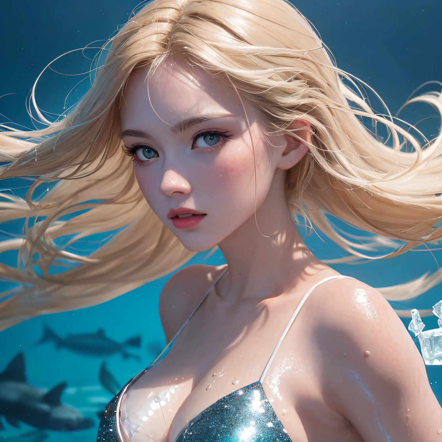 (in 8K, RAW Photos, of the highest quality, Masterpieces: 1.2), (Realistic, Photorealistic: 1.37), Highest Quality, Ultra High Resolution, light leaks, Dynamic lighting, Slim and smooth skin, (Full body:0.8), (Soft Saturation: 1.6), (Fair skin: 1.2), (Glossy skin: 1.1), Oiled skin, 18 years old, In the deep sea, a large amount of foam, Swimming, Sparkling white blonde, Deep sea, Many ice blocks, Ice Sparkle, Diamond Dust, freeze, Ice Dragon,
