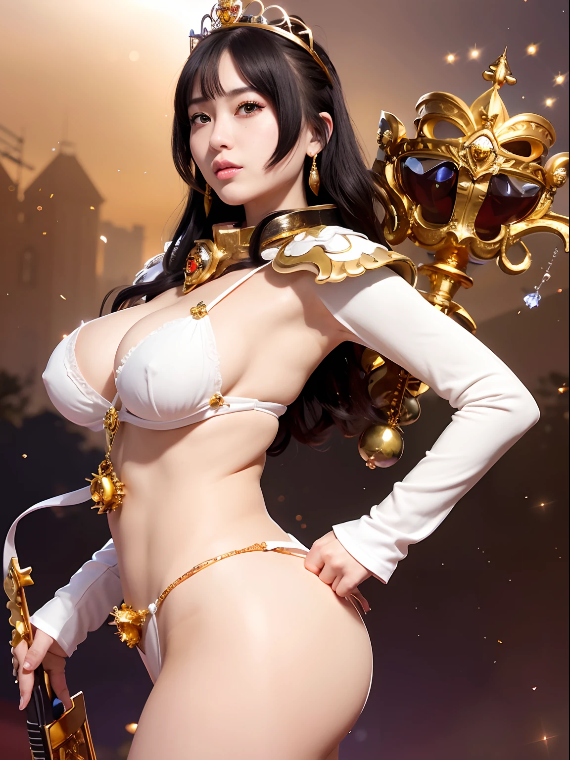 (masutepiece), Professional , ​masterpiece、top-quality、photos realistic ,  （Gemstone Silver Metal Body:1.９),(Matte White、Particles of light、Jewel Gold Weapon、（Gorgeous castle background）、（White Micro Bikini）（Jewel Metal Body:1.４),（Gorgeous Jewel Metal Weapons） , Detailed Sword of the Brave ,（ The dragon）   ,warhammer 40k , adepta sororitas,Detail and ornate jewel crown、独奏、Black hair、（Gangle's forest background）、Beautiful Caucasian beauty、１a person、dynamic ungle,(((Diamond tiara with detail and luxury)))、a small face、A smile、Powerful poses、（Gorgeous castle background）、huge-breasted、20 year old beautiful woman、Stand in the center of the screen、Thin female fingers、Smaller head、Glamorous body、Beautiful ass、