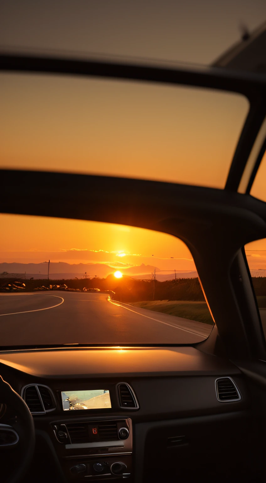 the setting sun,evening light,view from long distance,realisticlying,plethora of colors,Gorgeous and colorful,Shoot at night,positive,natural style,hdr shot,Inside the car,Look inside the car,Sunset directly ahead,Faraway view,Blurred foreground,Ultra-clear details,Ultra photo realsisim