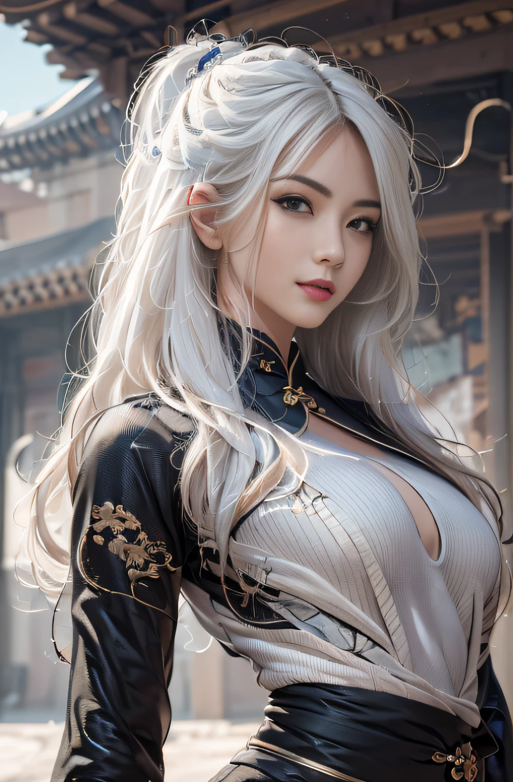 A beautiful and sexy woman with long white hair and yellow eyes Who has a very sexy body wearing a white kimono with gold details