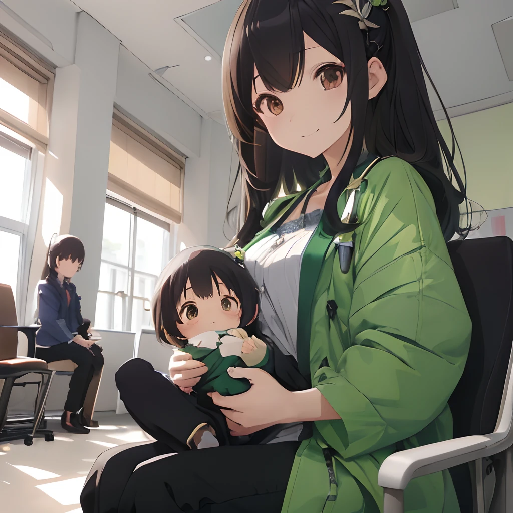 (masutepiece, Best Quality, Capture super cute moments, depth of fields, ultra-detailliert, Ultra High Resolution, C4D, Octadale, 3D Modeling, 8K, one girls、25-years old、A dark-haired、straight haired、Light brown eyes,hair adornments、Green outerwear、Black pants、(ssmile)、(Holding a baby)、(Hospital waiting room)、