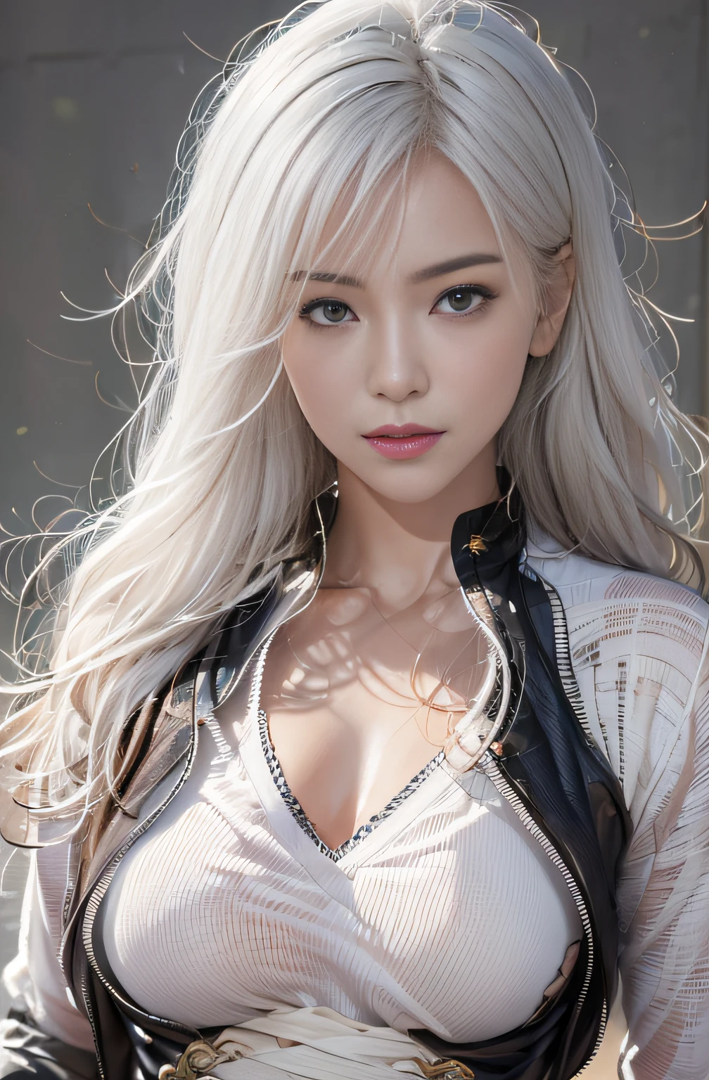 Photorealistic, high resolution, 1 Women, Solo, Hips up, view the viewer, (Detailed face), White hair, Long hair, Medium breasts, Black kung fu suit