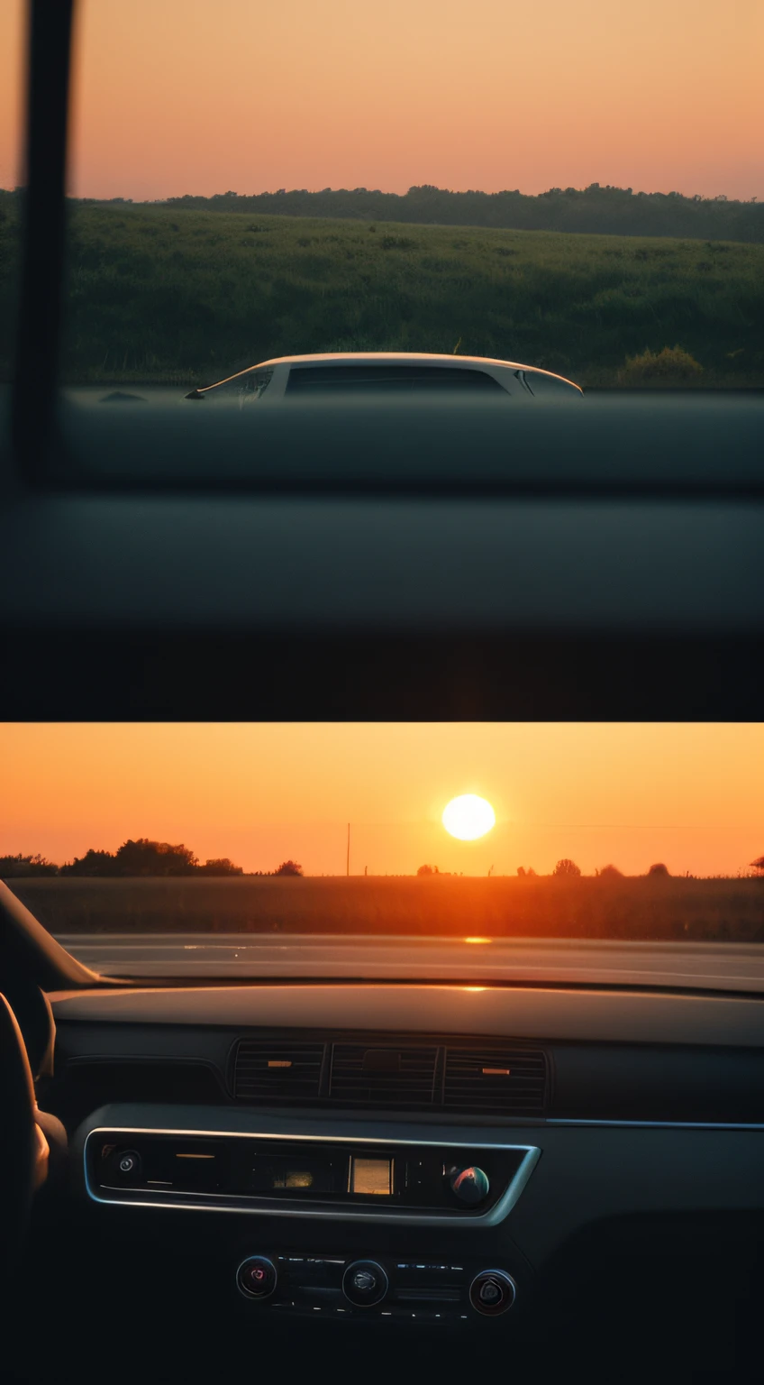 the setting sun，evening light，view from long distance，realisticlying，plethora of colors，Gorgeous and colorful，Shoot at night，positive，natural style，hdr shot，Inside the car，Look inside the car，Sunset directly ahead，Faraway view，Blurred foreground，Ultra-clear details，Ultra photo realsisim