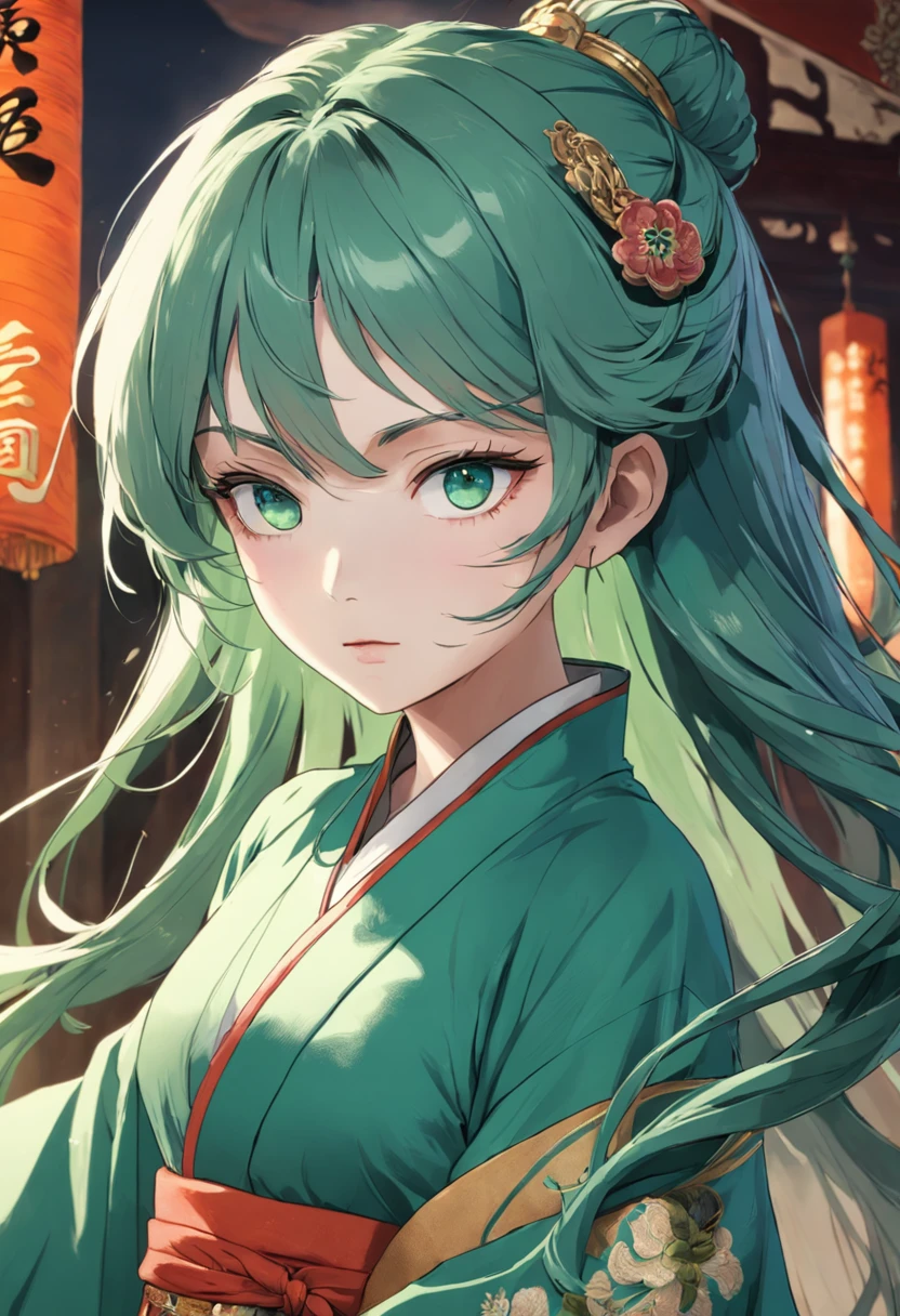 A beautiful woman with green hair,blue colored eyes,Wearing green Chinese antique clothing,Detal Face,Best Masterpiece,超高分辨率