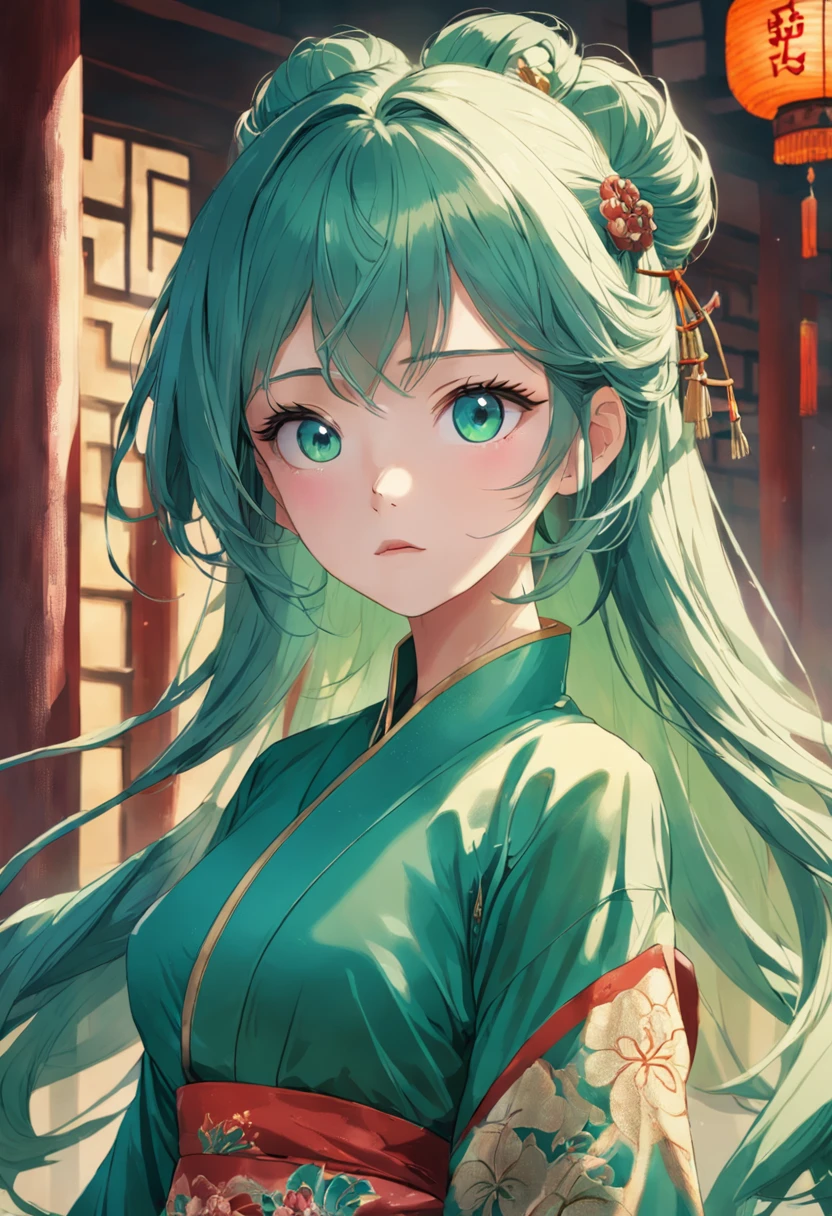 Highest quality (8k, High resolution, masterpiece: 1.2), Very detailed, Anime art style, Dynamic Angle, Teen Style, (China dress, Exposed shoulders, Earrings, indoor,), Detailed green hair, Detailed blue eyes, Complicated hairstyle, Long Hair , The body is slim, Sparkling eyes, like々Shii, hair accessory, Earrings, Half Up, Slightly blunt bangs, Detailed lighting, Bright colors, Looking at the audience, Center the image, Cowboy Shot,