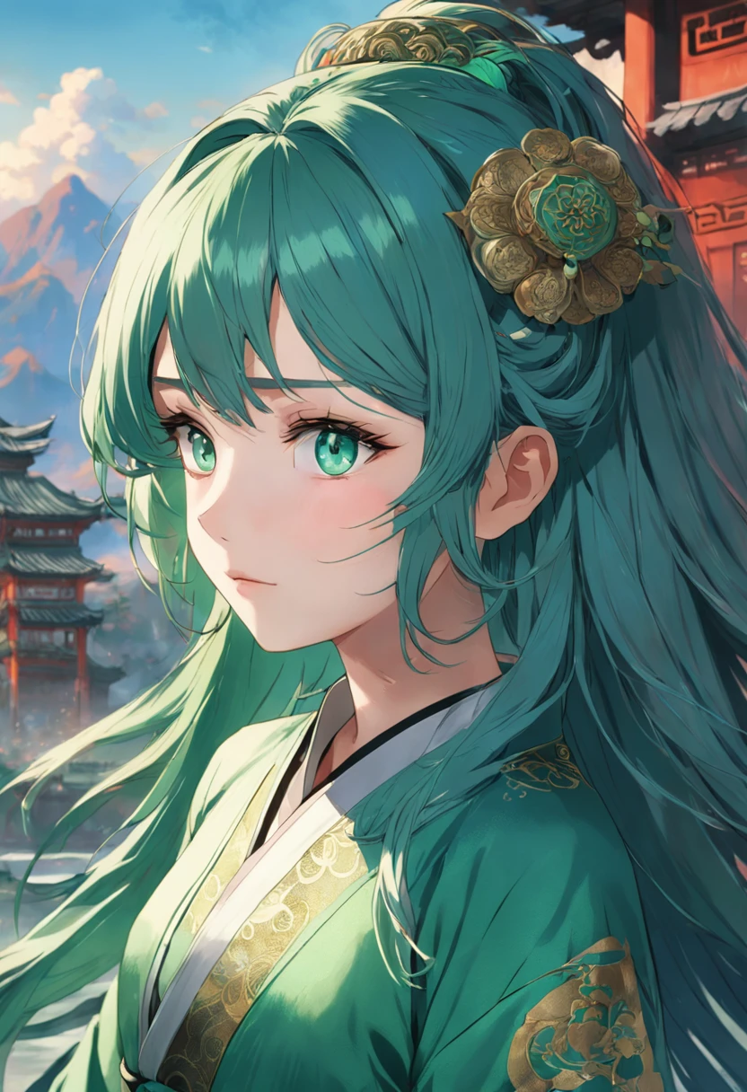 A beautiful woman with green hair，blue colored eyes，Wearing green Chinese antique clothing，Detal Face，Best Masterpiece，超高分辨率