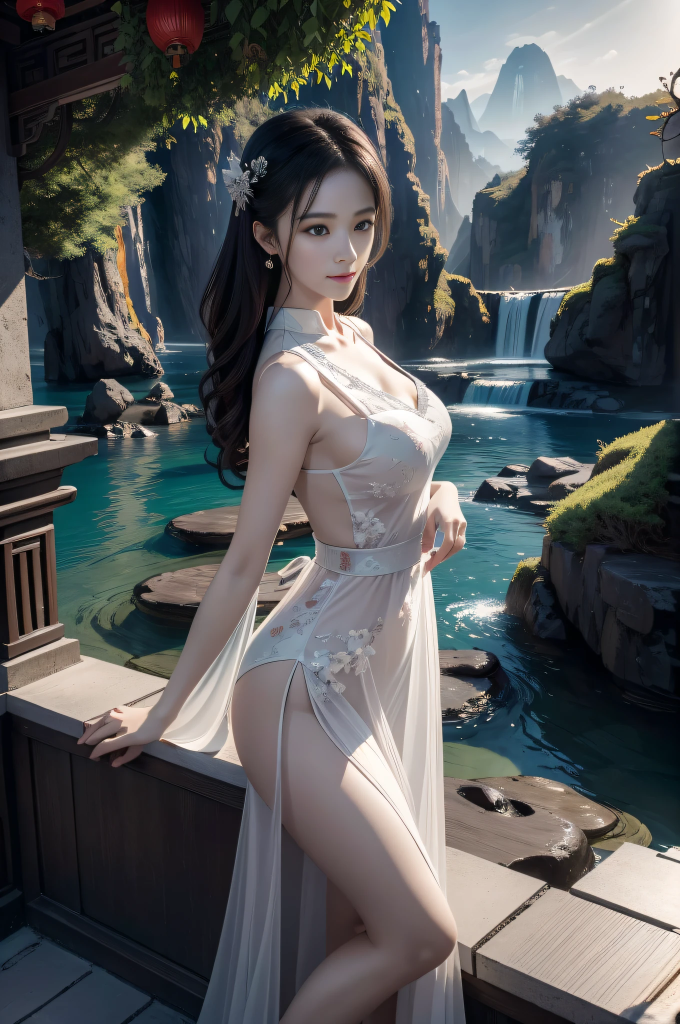 Immersive CG scenes,Brilliant composition,(The distant mountains are ethereal),sheer cliffs,(Leaning on the railing), Hantan Falls,Magnificent and spectacular sea,Mysterious and distant mountains,(Chinese architecture with garden landscape with pool),(A bridge and flowing water for all four times),Little Nezha is brave and powerful,(Heroic),Mixed sky Aya silver white crystalline,The Qiankun circle is shining,(legendary)The magic props are fascinating,Hot Wheels are as crazy as a dragon,(Cool special effects)It's exciting,White Dragon(Elegant and gentle),The ink style complements the Chinese style,Let you involuntarily immerse yourself。Works of masters,wallpaper hd,very wide angle shot,Highest image quality,tmasterpiece,Warm colors are pastel,Charming temperament,extremy detailed,Precise hand structure,Beautiful CG,Extremely delicate facial depiction,Exquisite and perfect dream scene,dingdall effect,cinematric light,Sideslit,ln the forest,mist,Chinese style CG character,The whole picture permeates softness、holy、Natural and fresh atmosphere。Show a(Elegant temperament)。Meticulous(the detail)Renders,The perfect interpretation of the world of martial arts。CG quality,