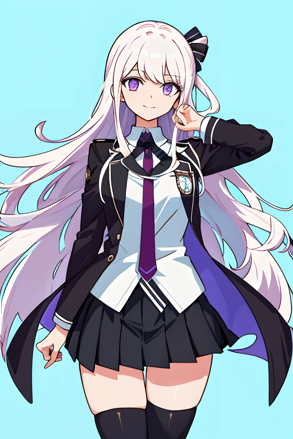 (tmasterpiece), (the Extremely Detailed CG Unity 8K Wallpapers), (Extremely refined and beautiful), (1girll:1.3), 独奏, (Perfect front view:1.3), ((ultra - detailed)), illustratio, hair between eye, afloat, finely detailled, (The upper part of the body), (looking_at_viewer:1.2), (danganronpa (styled)), (danganronpa (styled):1.4),((Black military uniform)), ((black shirt)), black short skirt, (Closed jacket), (black_thighhighs)), (long white hair:1.5), (Purple eye:1.2), (shairband),(hair straight:1.4),(Light smile:1.5),(court room),standing on your feet,(simplebackground:1.4),Standing CG,GameCG,perfect hand,Humanity