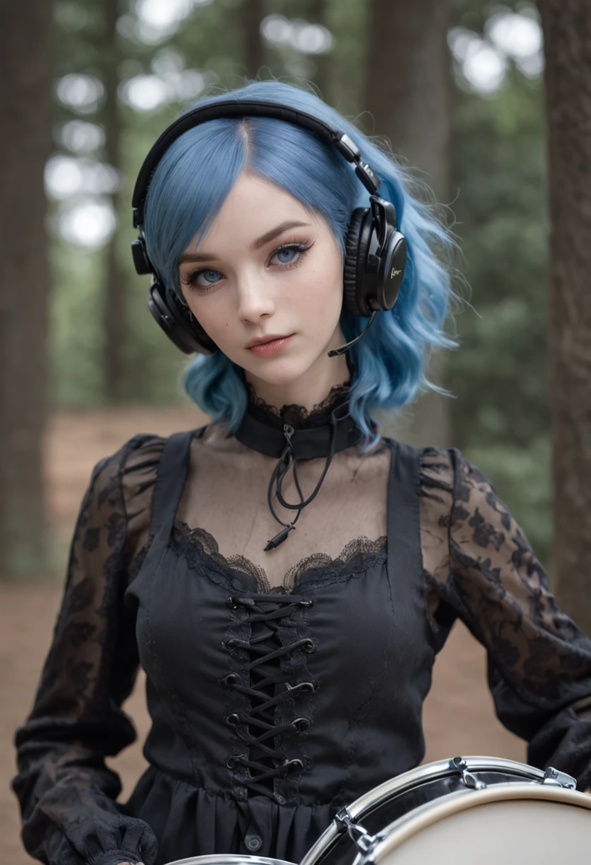 Girl playing drums、Blue-haired、light blue eyes、Hang the headphones around your neck、black gothic clothing