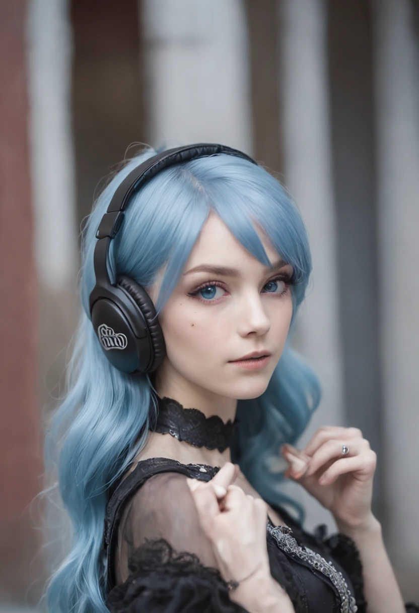 Girl playing drums、Blue-haired、light blue  eyes、Hang the headphones around your neck、black gothic clothing