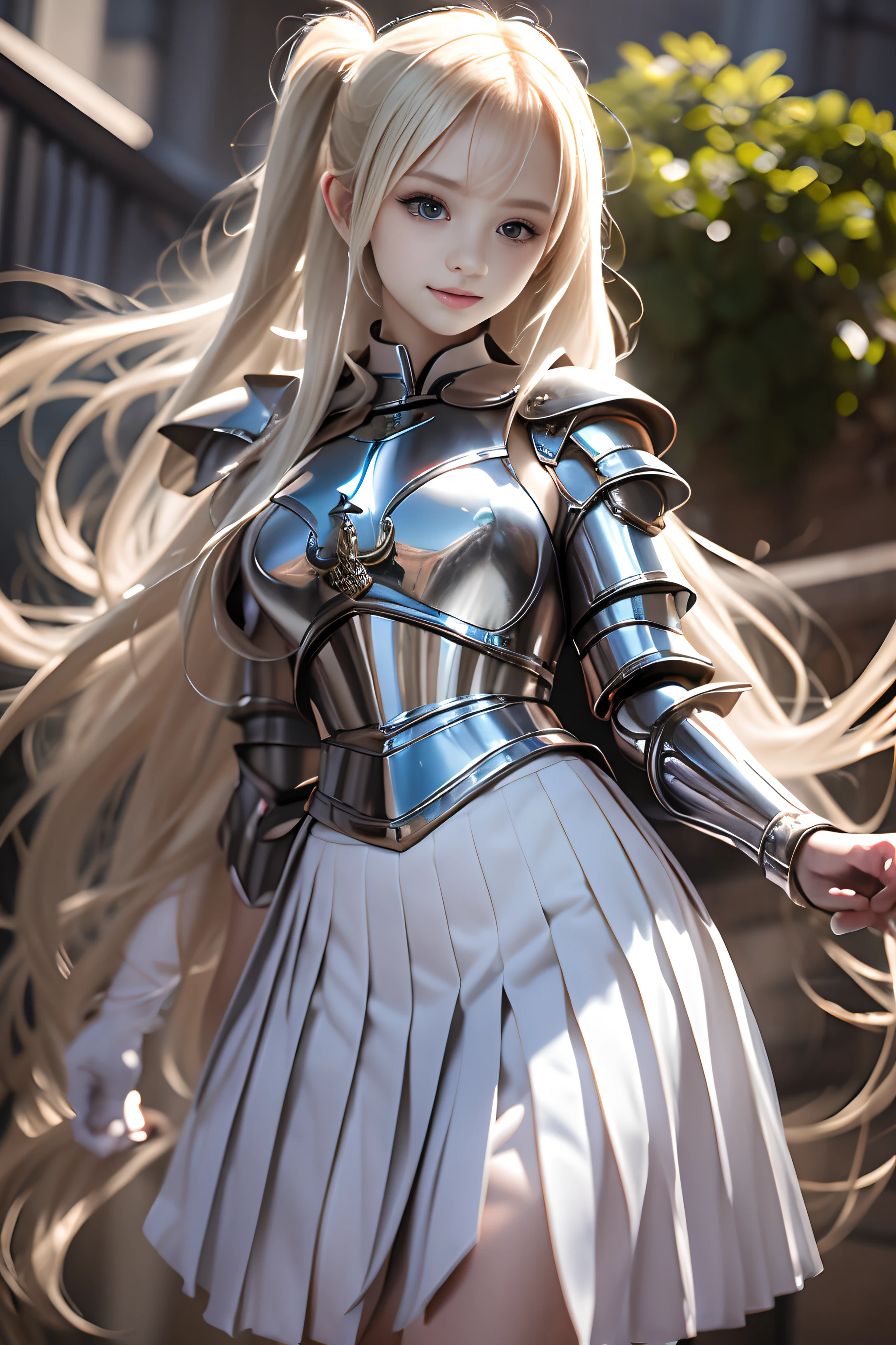 bright expression、poneyTail、Young shiny shiny white shiny skin、Best Looks、Blonde reflected light、Platinum blonde hair with dazzling highlights、shiny light hair,、Super long silky straight hair、Beautiful bangs that shine、Glowing crystal clear attractive big blue eyes、Very beautiful nice cute girl、Lush bust,Beautiful detailed eyes, beautiful detailed nose,(( Full body:1.25)),Makeup that the eyes emphasize、((Pleated skirt with many folds:1.3)),(Women like Joan of Arc:1.3)、(s Armor:1.3)、Knights, (Equipped with a sword and shield:1.2),Royal style,Comic style, , Sub-surface scattering, ornate detail, nature backdrop, Hyper-realistic, Cinematic, Dramatic Lighting, masutepiece、(Decorated armor)、(Wearing an aura:1.5)、circlet、((Princess Knight))、frilld、