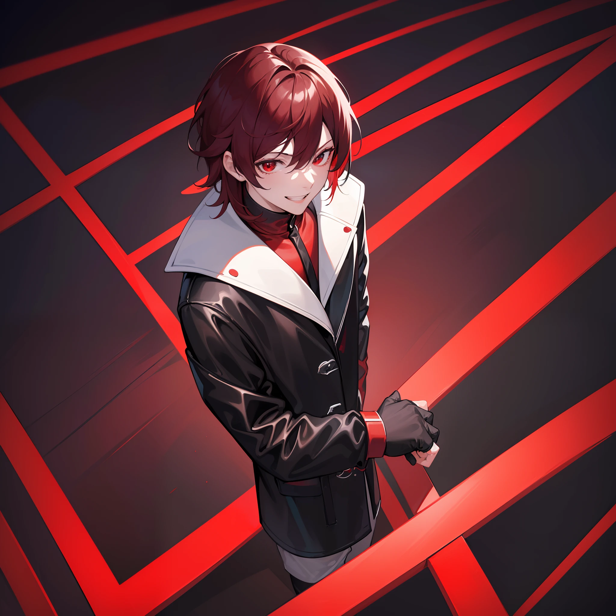 (8k wallpaper:1.2),(Ultra-high resolution:1.2),(masterpiece:1.1),wallpaper,High quality,masterpiece,(High detail),,1boy, wearing black and red jacket,black and red hair, grin, error sans,human,red strings connected to fingers, surrounded by a black void, absolutely stunning art, extremely detailed, highest quality digital art, wallpaper 8k