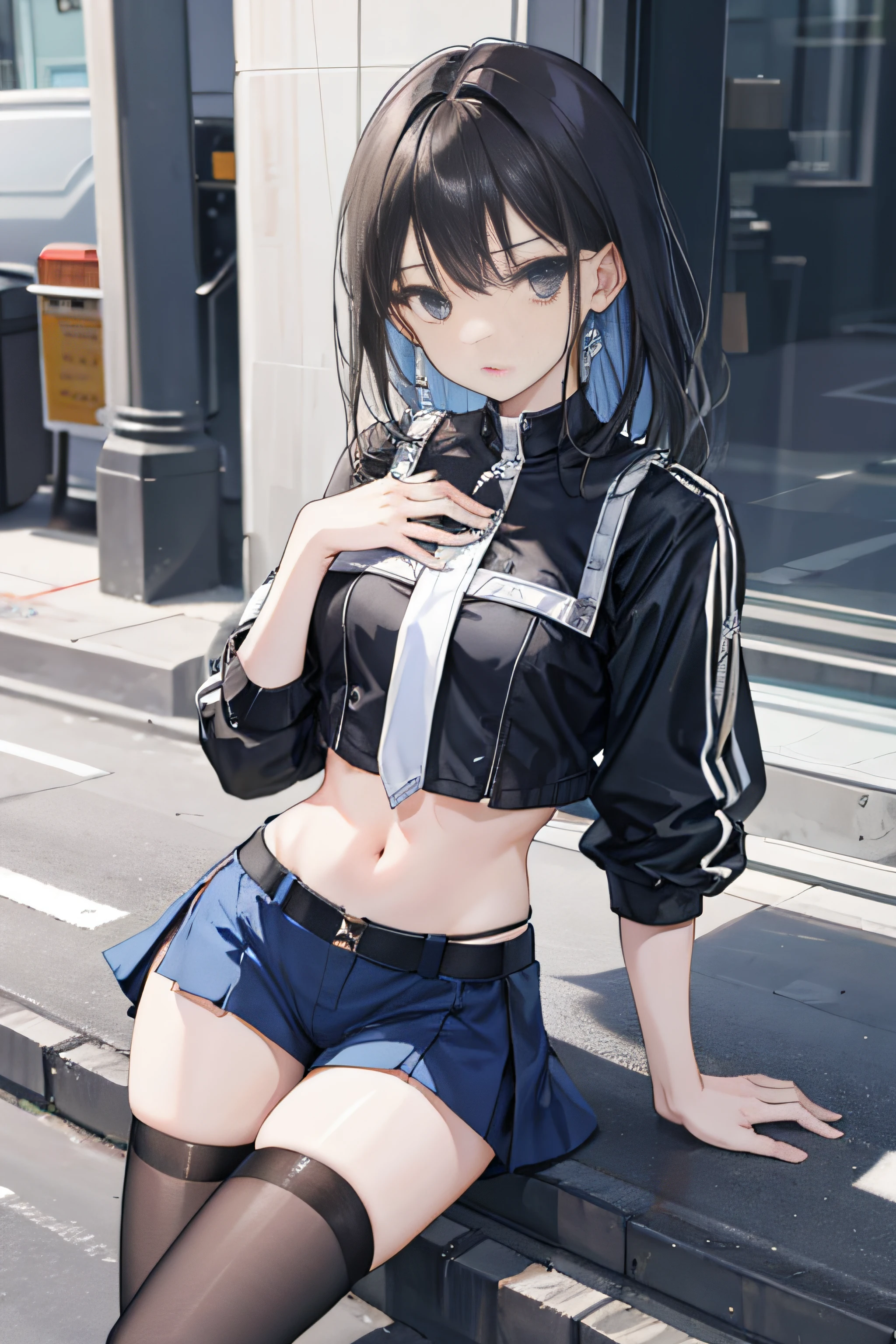 1girl,solo, parted lips, 
( midriff),(legwear),
street, hand on own chest, looking at viewer, realistic,