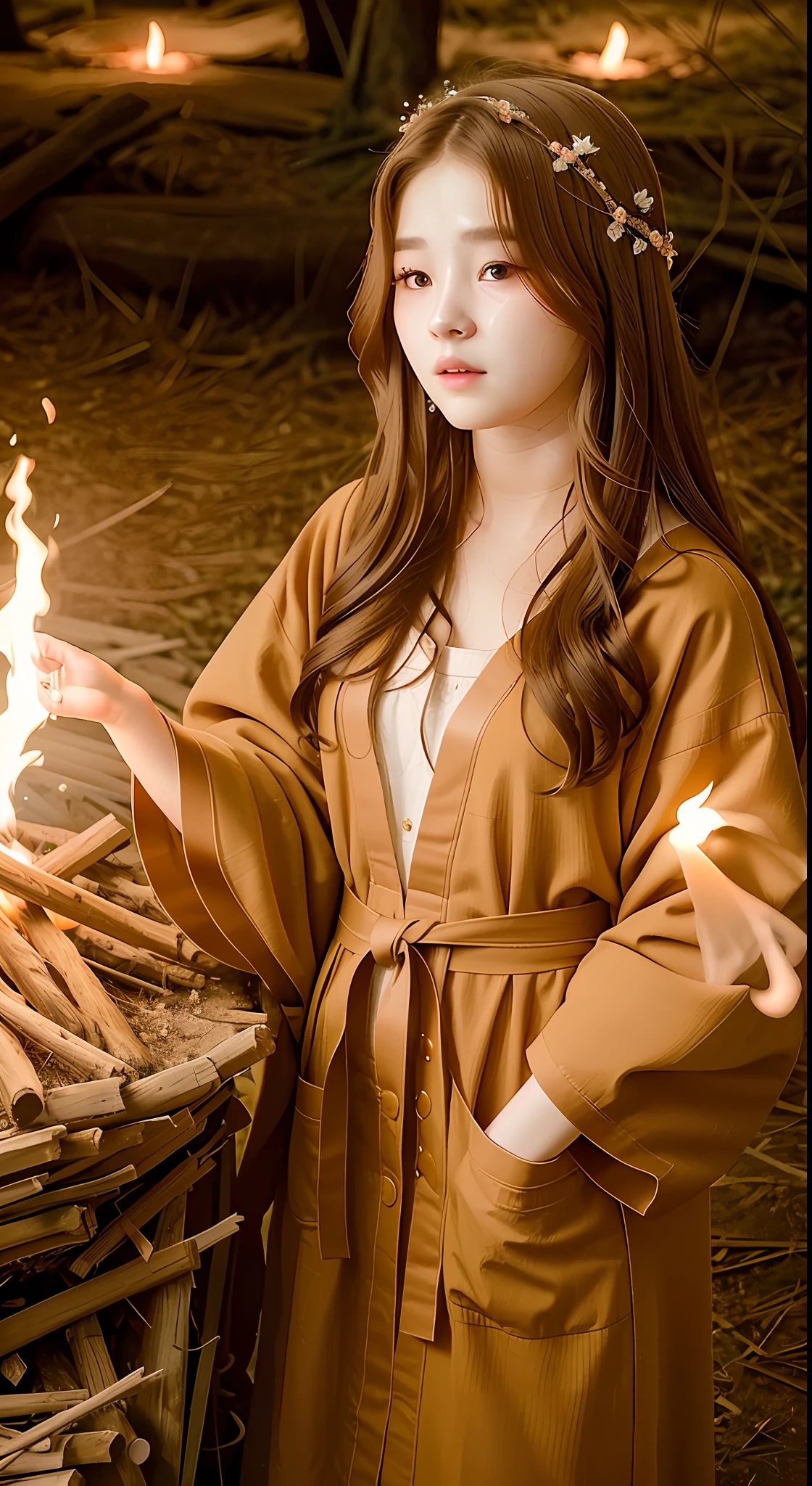 (Nancy McDonie),"An extraordinary masterpiece, with intricate details, capturing the essence of absurdity (+1.2 creativity boost). A mesmerizing photo of a single girl, nestled in the depths of the dark forest. She stands by a crackling bonfire, dressed in a rustic brown robe."