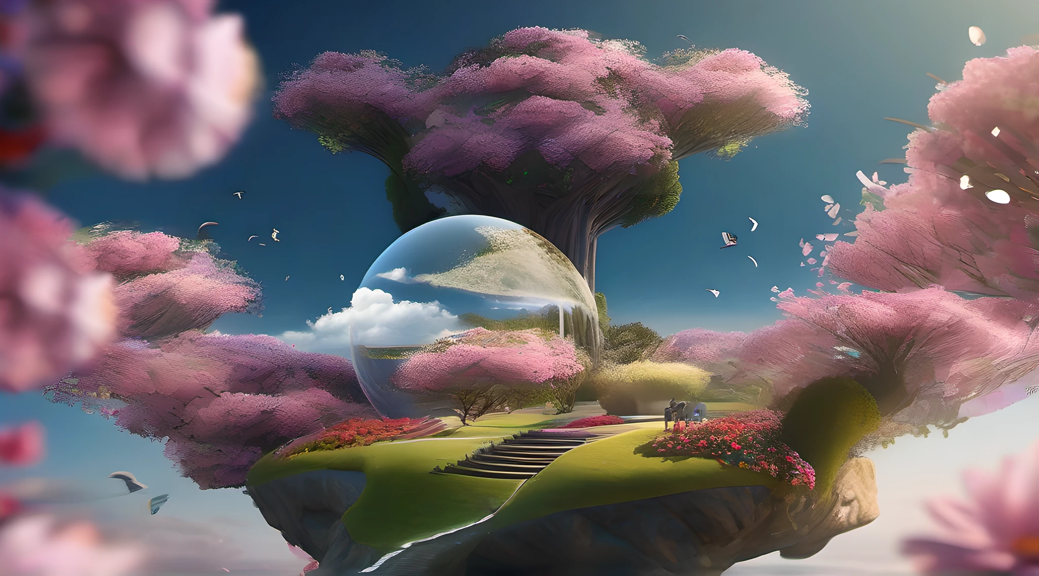 ccurate, best quality, masterpiece, UHD, high details, award winning, (Amazing:1.2), (Surrealism), Conceptual art, Verism, cinematic lighting, floating island in the sky, (((beautiful flower garden))), Horizon, blue sky, paradise scenery, flowers, wind flow, (((fantasy))), frontier, (magnificent space), blurry foreground, bokeh, Hasselblad, lens flare, beautiful school girl, (r old)(((full body)))), from behind, she moving, without looking at me, (((wearing school uniform))), black eyes, black hair, (floating hair), ((8 life size)), detailed hairstyles, detailed bodyline, anatomically correct, cute face, ((accurately portray her)),