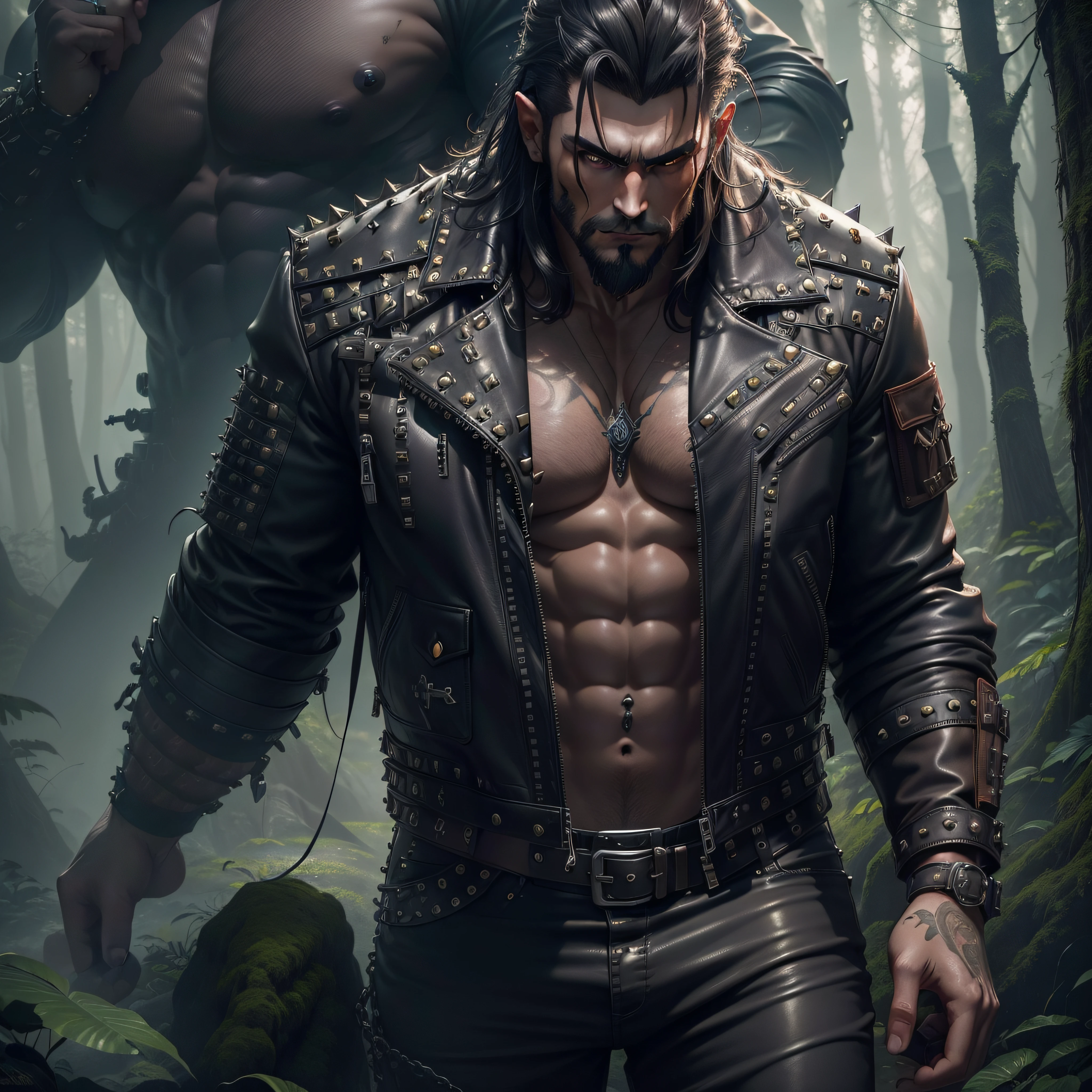 a close up of a engry giant creature, dark forest, central composition,  tattoo, god of the forest, forest spirit, (The English Dreamers), (leather Jacket With Rivets:1.3), (sexy:1.4), (erotic:1.4), translucent, (voluptuous:1.1), sensual, lascivious, fantasy art, epic fantasy digital art style, 4k fantasy art, fantasy art,