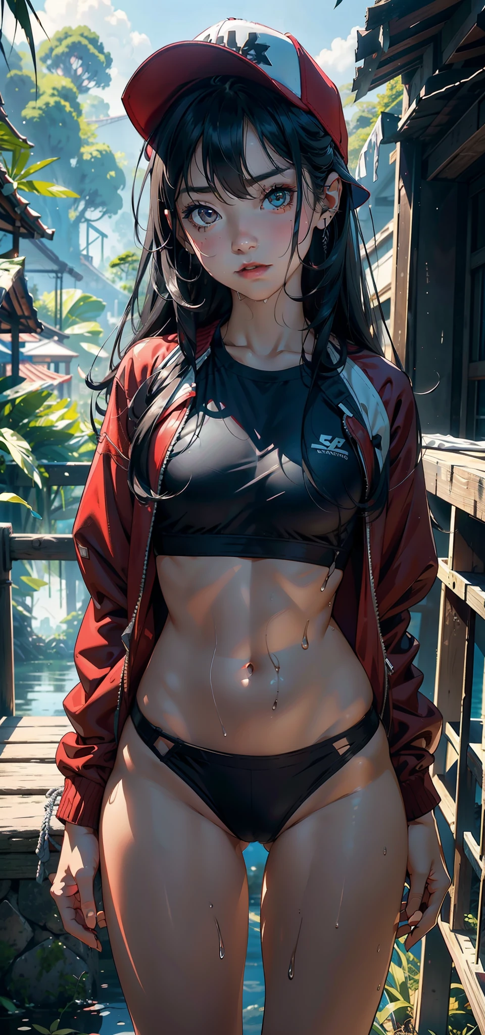 1female,9 ,bit girl,super adorable,smallunderboob ,Pornographic exposure, 独奏,(Background with:hilltop,the rainforest,in summer,Standing water on the ground,exteriors) Feel free to hairstyle,legs are open,Sweat profusely,drenched all over the body,seen from the front,Long black hair , mostly cloudy sky,(((tmasterpiece),(Very detailed CG unity 8K wallpaper),best qualtiy,cinmatic lighting,detailed back ground,beatiful detailed eyes,Bright pupils,(Very fine and beautiful),(Beautiful and detailed eye description),ultra - detailed,tmasterpiece,)),facing at camera,A high resolution,ultra - detailed)nakeness,with no underpants,revealing breasts,Bare genitalia, Bulge,Camel toes,Raised sexy,Lewd expression,Flushed complexion,Open-mouthed,frontage,elementarRed baseball jacket,White bikini shorts,baseball cap,athletic sneakers)Full body photo,Show shoes