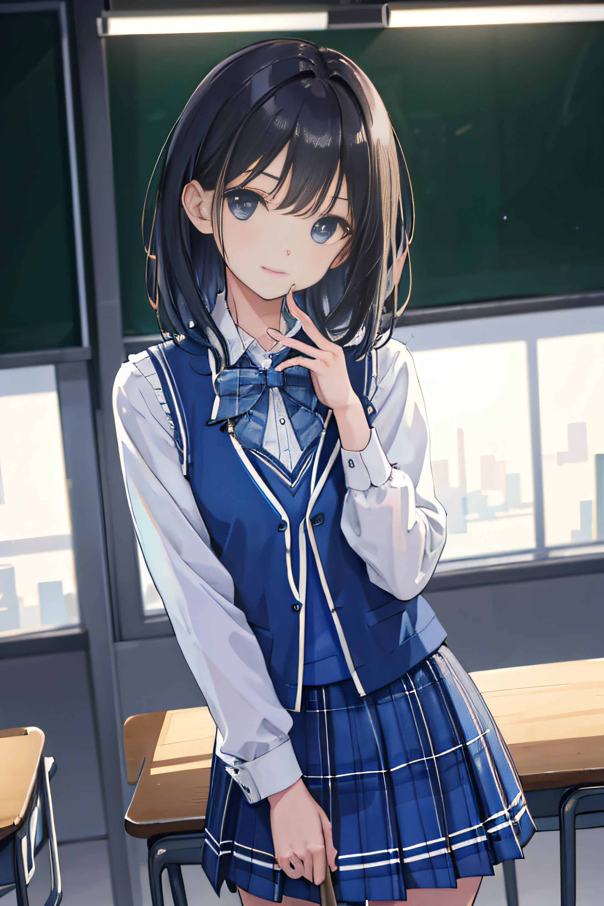 (((medium hair))), best quality, 8K, HDR, highres, absurdres:1.2, blurry background, bokeh:1.2, Photography, (RAW photo:1.2), (photorealistic:1.4), (masterpiece:1.3), (intricate details:1.2), 1girl, solo, japanese girl, delicate, beautiful detailed, (detailed eyes), (detailed facial features), petite, (((small breasts))), skin tight, (looking_at_viewer), from_front, (skinny), (best quality:1.4), (ultra highres:1.2), cinema light, (extreme detailed illustration), (lipgloss, best quality, ultra highres, depth of field, caustics, Broad lighting, natural shading, 85mm, f/1.4, ISO 200, 1/160s:0.75),1girl, solo, (((blue vest))) smile, ((school uniform, pleated skirt with checker pattern, classroom))