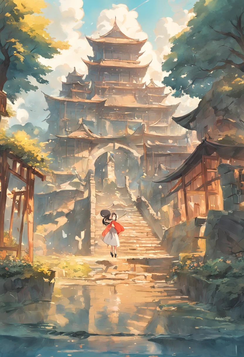 Ancient castle，The periphery is idyllic，Many toiling people，There are many birds flying in the sky，夏天