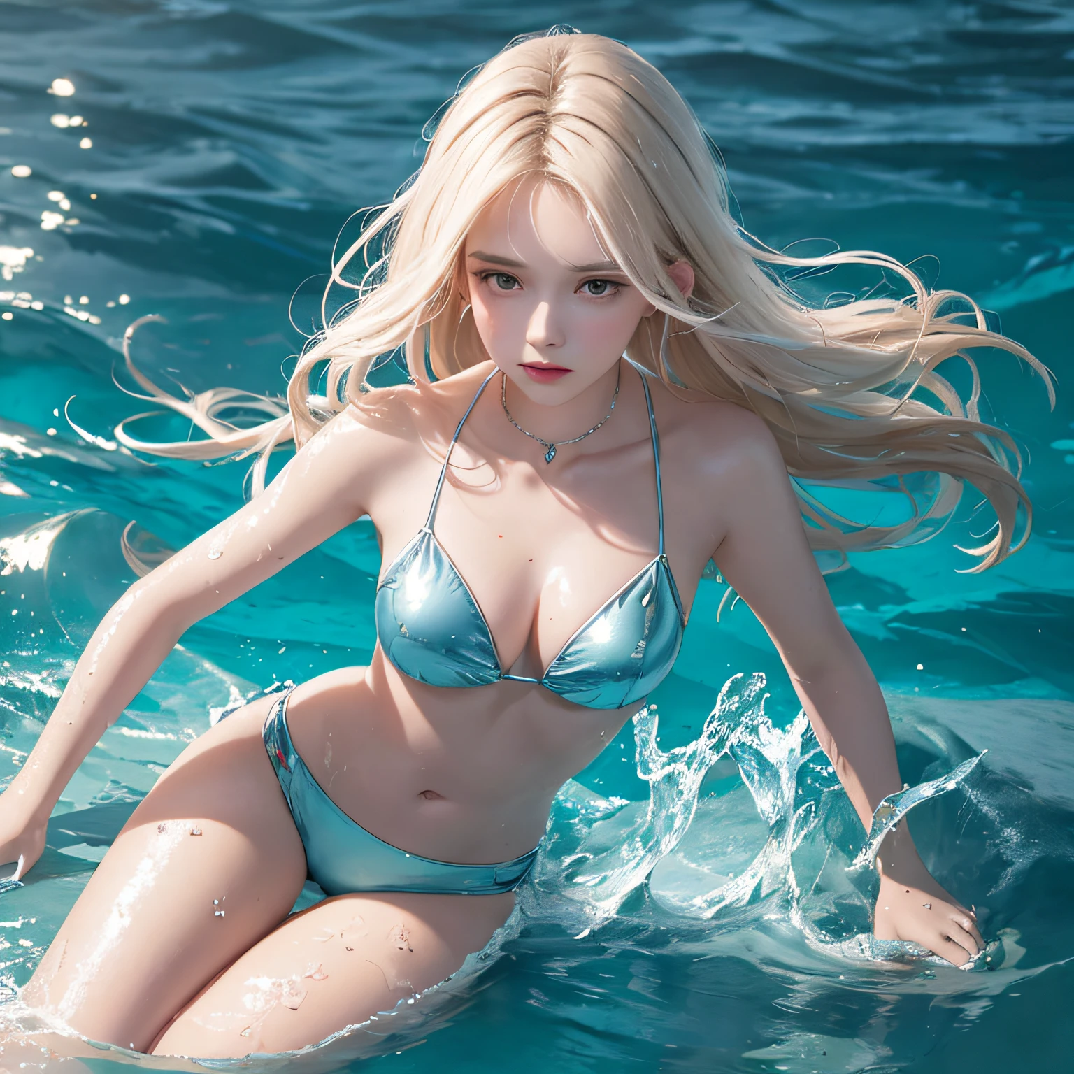(in 8K, RAW Photos, of the highest quality, Masterpieces: 1.2), (Realistic, Photorealistic: 1.37), Highest Quality, Ultra High Resolution, light  leaks, Dynamic lighting, Slim and smooth skin, (Full body:0.8), (Soft Saturation: 1.6), (Fair skin: 1.2), (Glossy skin: 1.1), Oiled skin, 18 years old, In the deep sea, a large amount of foam, Swimming, Sparkling white blonde, Deep sea, Many ice blocks, Ice Sparkle, Diamond Dust, freeze, Ice Dragon,