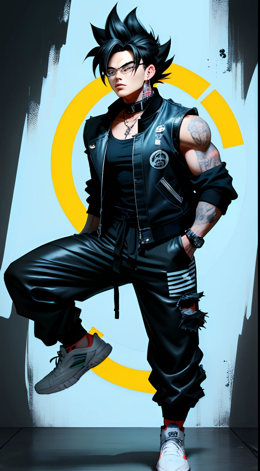Son Goku in Dragon Ball, greyt hair,Fashion graffiti clothing,Trendy clothing,Tide brand,black black jacket,vests,denim pant,Lunette de soleil,Bracelet,ear studs,decorations,athletic sneakers,Tattooed with,choker necklace,Ultra high quality,Best quality,tmasterpiece,超高分辨率,Super Saiyan with white glow,quadratic element,鸟山明风格,1990's ,Cartoony,
