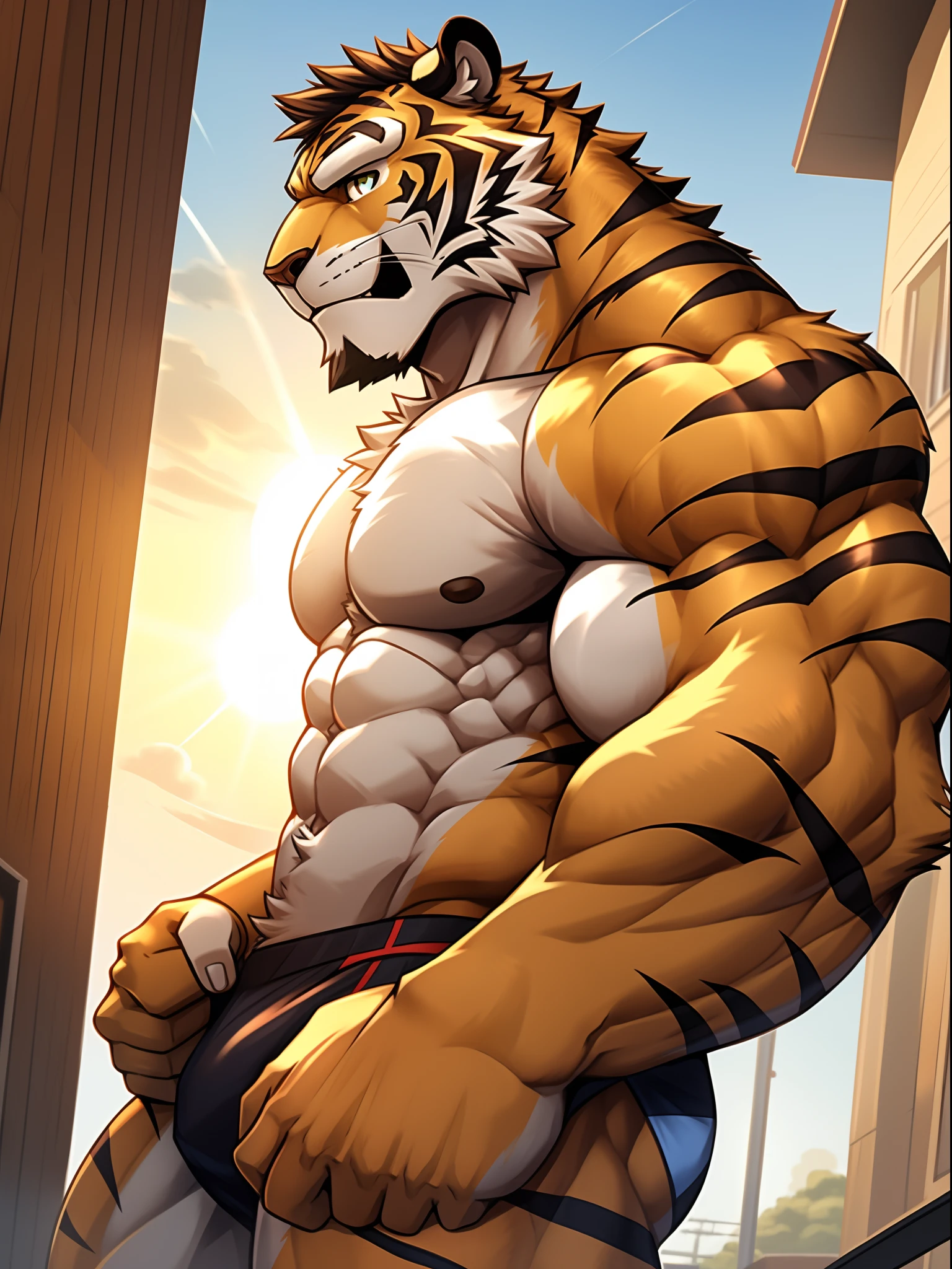 tigre,male people,Adult,Handsome,Muscles are particularly developed,Muscular macho,The pectoral muscles are well developed,Protruding abdominal muscles,Sportsman,Fitness trainer,(Wearing a naked),((Thick )),(((Erect ))),ssmile,on rooftop,Old style flat roof roof,Looking Up The Sky,and the sun was shining brightly,Detailed body portrayals,Correct hand portrayal,highest quality,4K Ultra Clear