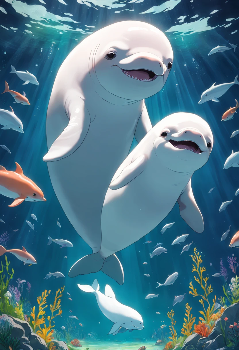 A smiling beluga whale on a blue background，Green aquatic plants，Best Masterpiece，ultra intricately detailed，超高分辨率，fish flocks