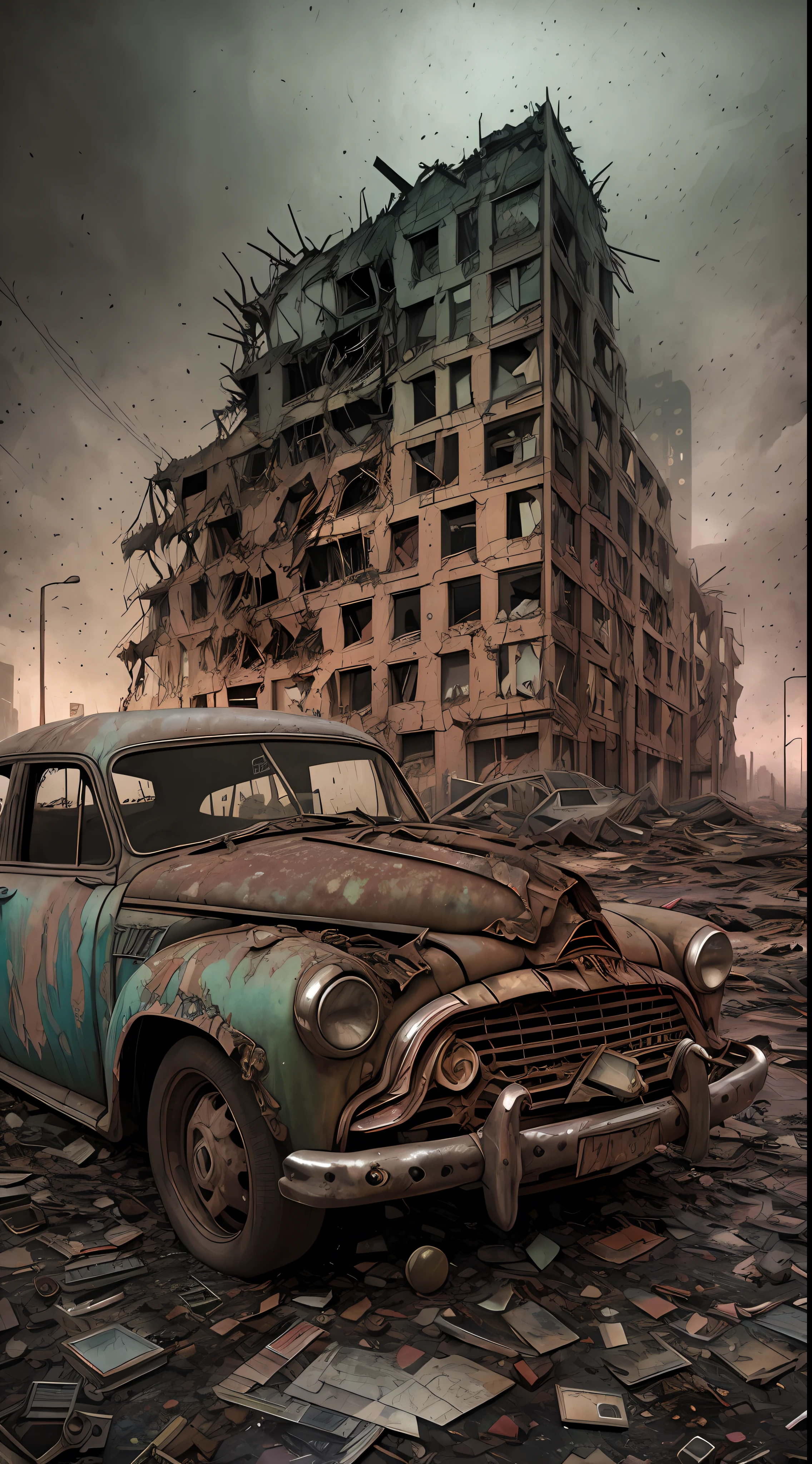 end of the world, (hdr:1.1), (muted colors:1.3),(broken rusty car:0.8), (shards of glass:0.3), (books on earth:0.3), car wreckage, correct scale, apocalypse, abandoned, neutral colors, night, screen space refractions, (intricate details), (intricate details, hyperdetailed:1.2), artstation, cinematic shot, vignette, complex background, buildings, snowy