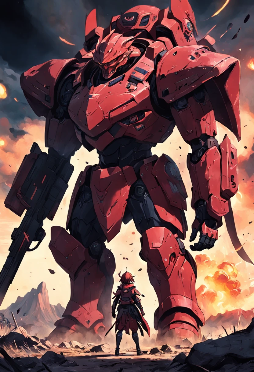 Future Battlefield,Alien Civilization War,Gunsmoke fills,A small mound,A red flag is planted on it,A soldier in armor,full armour,The background is the army of the SA,The picture is stunning,Magnificent,Magnificent,in the style of futuristic
