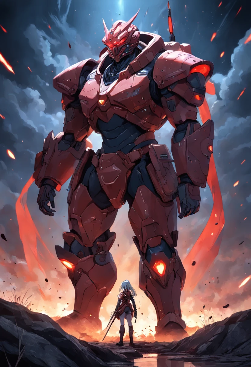 Future Battlefield,Alien Civilization War,Gunsmoke fills,A small mound,A red flag is planted on it,A soldier in armor,full armour,The background is the army of the SA,The picture is stunning,Magnificent,Magnificent,in the style of futuristic
