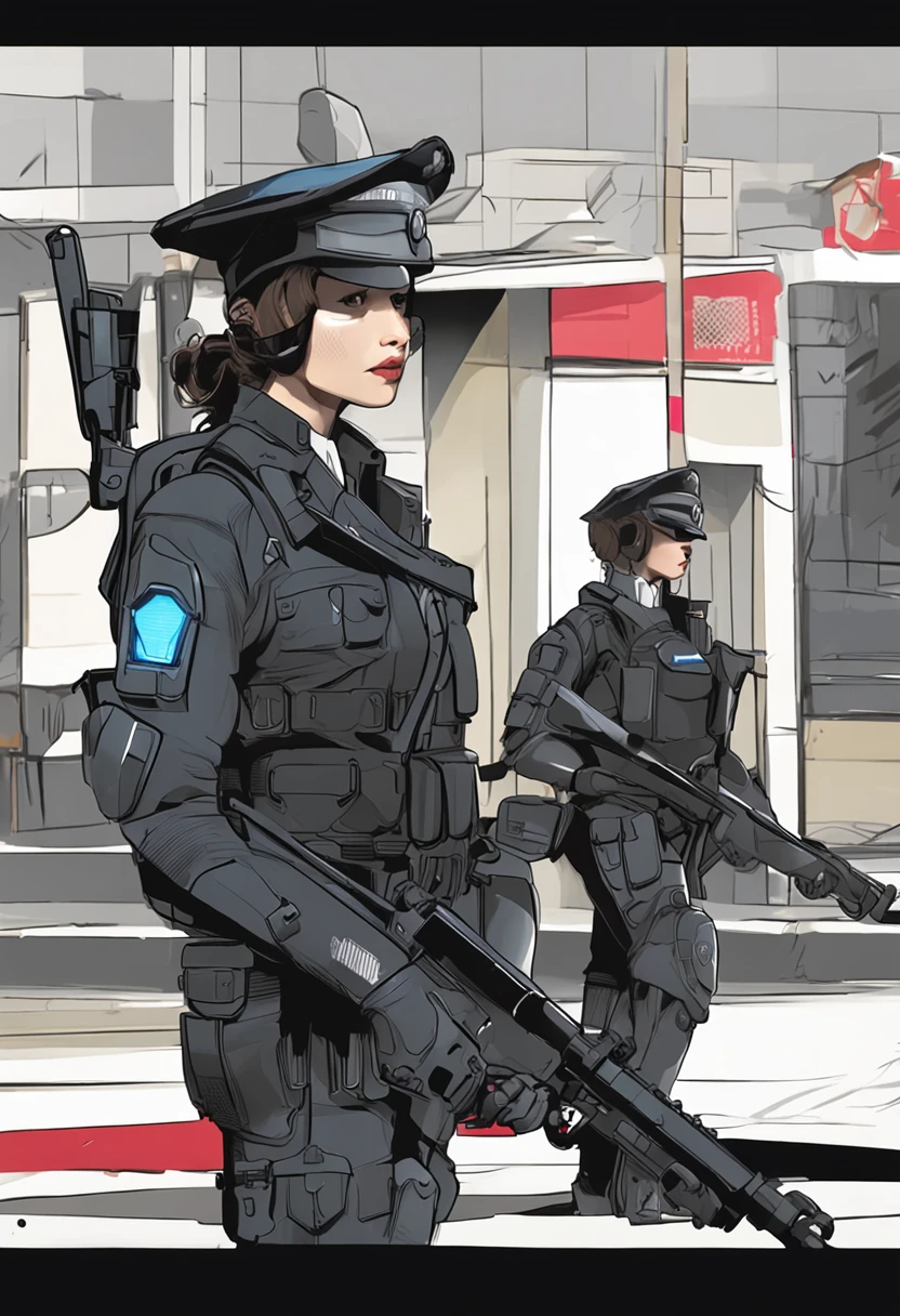 Highest image quality，Outstanding details，超高分辨率，The police of the future，Beautiful female gendarmerie，Hepburn's face，Super tall，Super big，Mighty，curvy build，Long legs，Plus-size models，Take photos from any angle，Put on a futuristic SWAT uniform，She stood in front of the police car，Very sexy，Robust body，Sexy and robust，Detailed abs，Detailed muscle lines，dynamicposes，the night，Future city street view background，neonlight，sense of science and technology，future-tech，Very detailed cyberpunk style，cyber punk perssonage，Highly detailed police uniforms，Highly detailed police cap，Highly detailed police force，Highly detailed police badge，Highly detailed armbands，Highly detailed police strips，Highly detailed epaulettes，wear police cap，Highly detailed electric batons，Highly detailed guns，The gun of the future，intercom，Wireless devices，Highly detailed handcuffs，Highly detailed police equipment，Highly detailed police car，Future police car，frontage，Full body photo，Look from the bottom up，look from down, looki at viewer，mechs