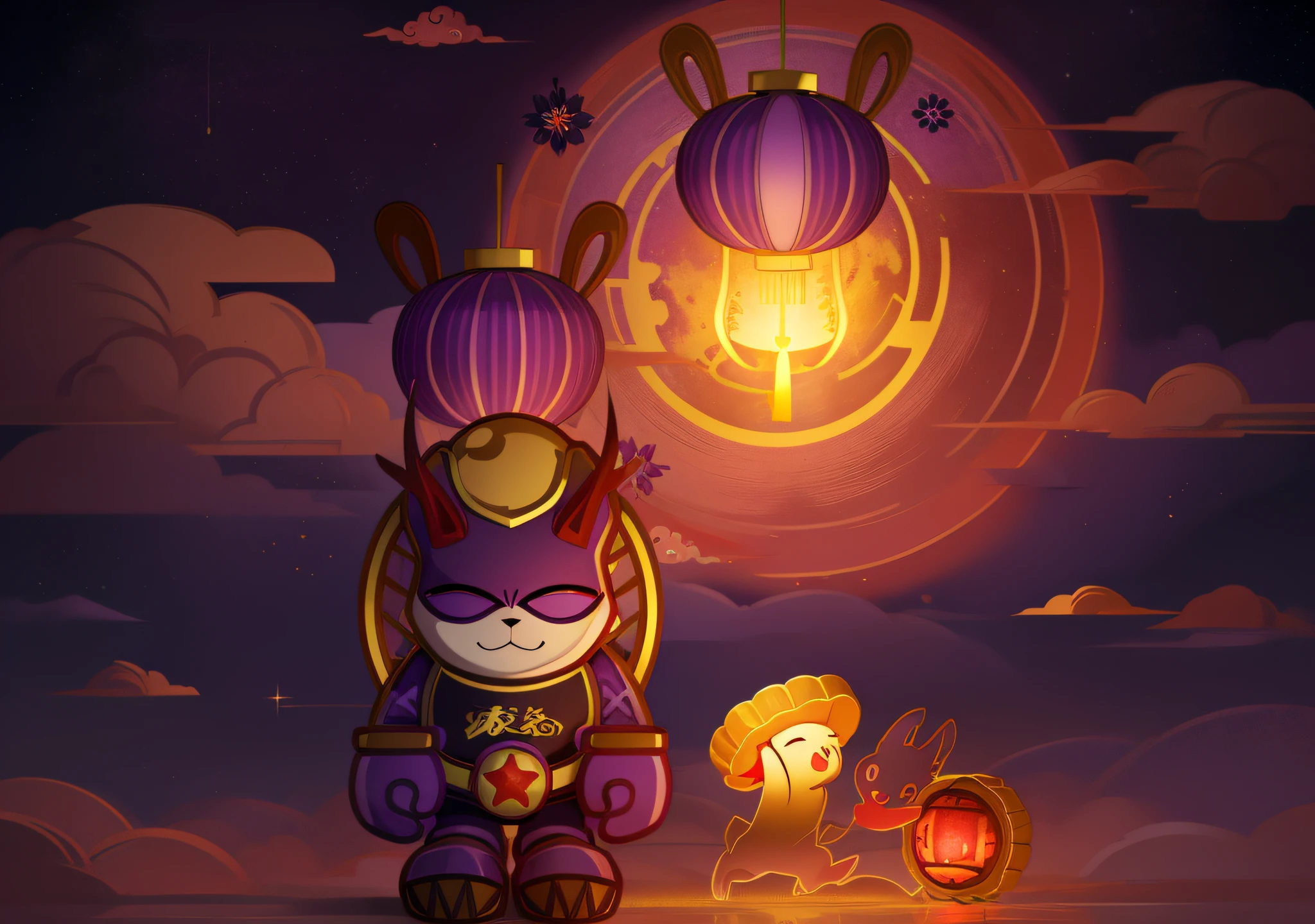mid-autumn festival，purpleish color，large moon，jubilation，Keep the original character color unchanged，Gold background，Auspicious clouds，fire works，Red lantern