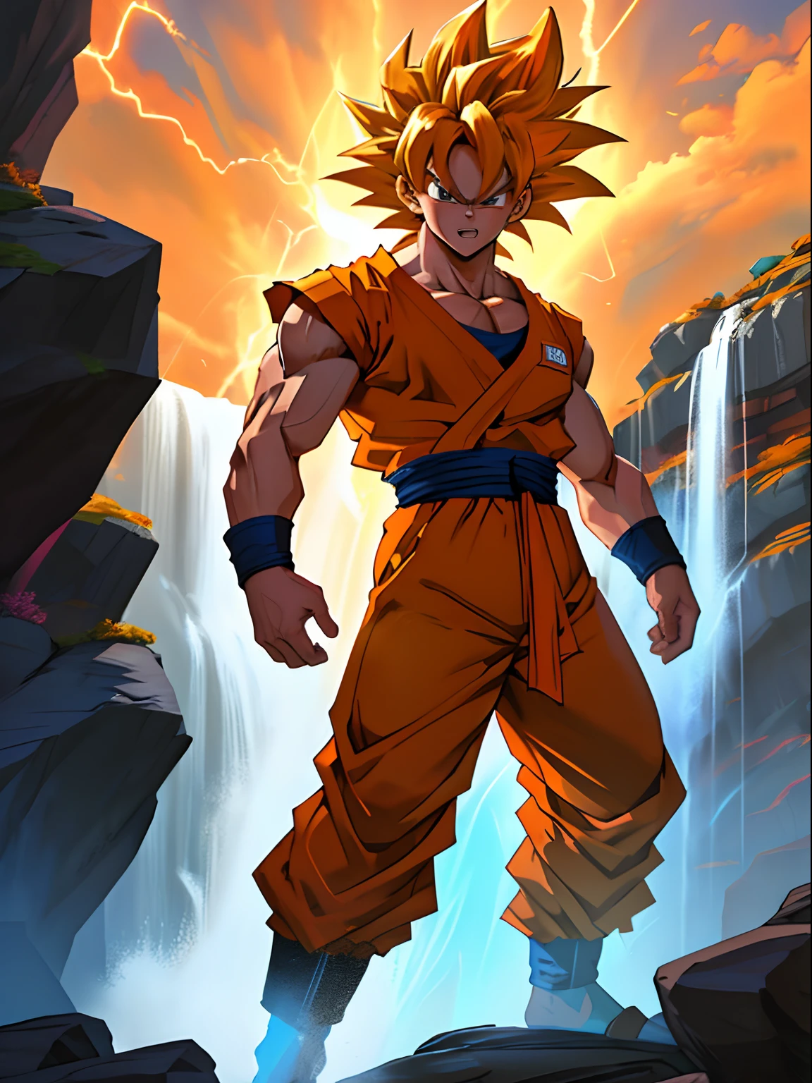 Son Goku from Dragon Ball, in his iconic orange and blue outfit, powering up to Super Saiyan with golden hair and aura, standing on a rocky terrain with a waterfall in the background, the scene is filled with intense energy and determination, Artwork, digital painting with vivid colors and dynamic lines