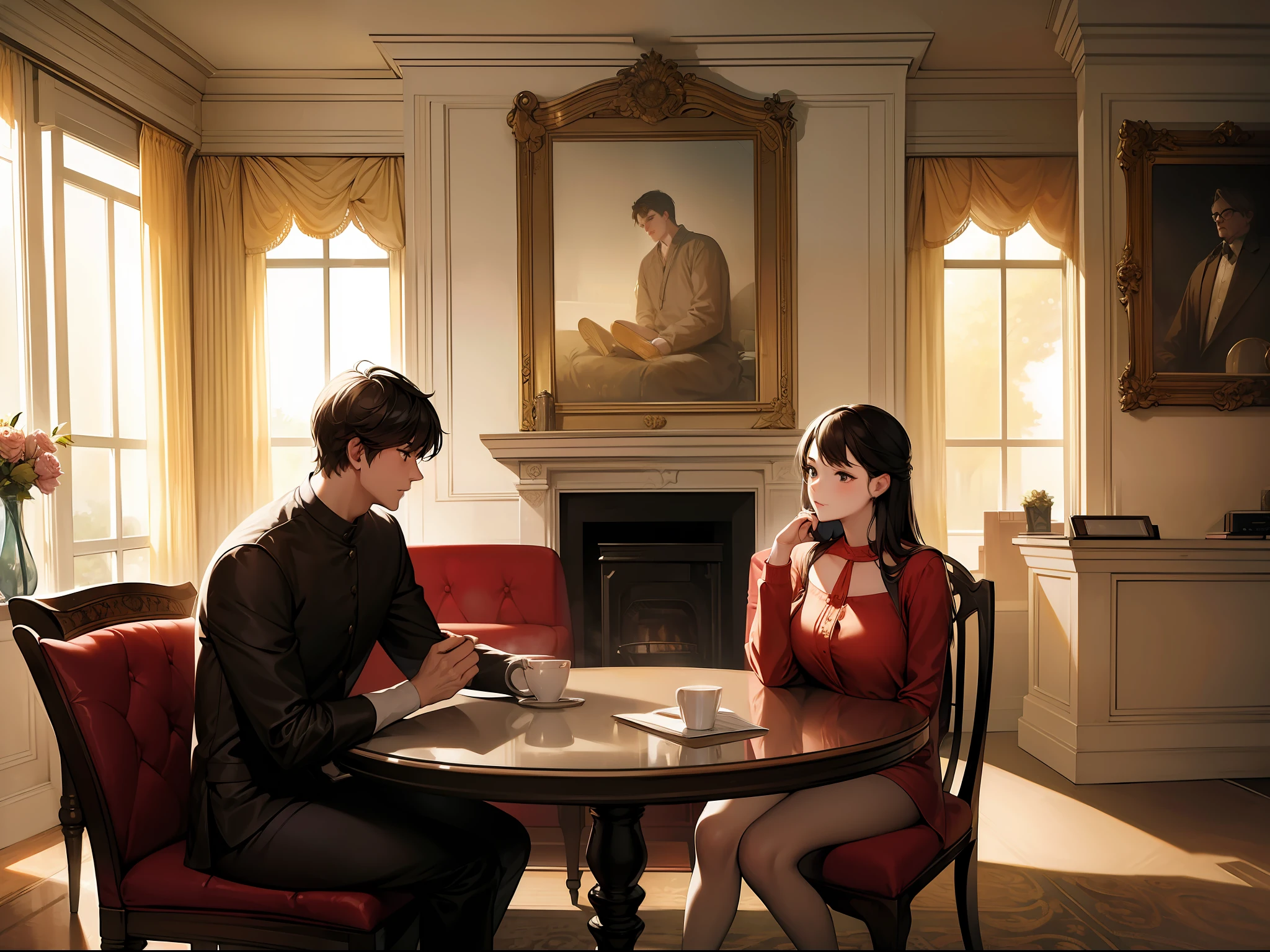 ((Best quality)), ((masterpiece)), 1 girl, 1 guy, A girl and a guy are in a living room, Both are seated on armchairs, They are positioned across from each other, A table is situated between them, acting as a divider