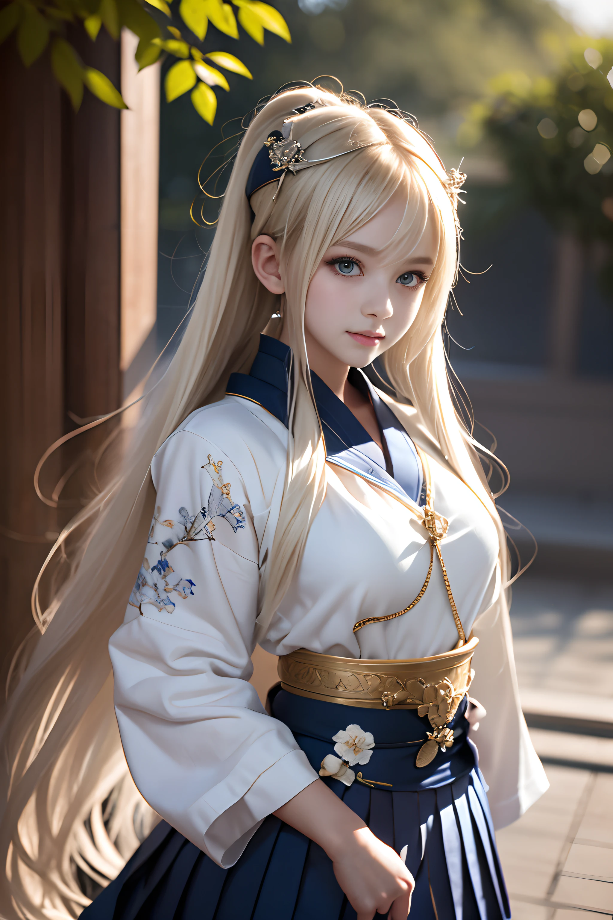 bright expression、poneyTail、Young shiny shiny white shiny skin、Best Looks、Blonde reflected light、Platinum blonde hair with dazzling highlights、shiny light hair,、Super long silky straight hair、Beautiful bangs that shine、Glowing crystal clear attractive big blue eyes、Very beautiful nice cute 16 year old girl、Lush bust,Beautiful detailed eyes, beautiful detailed nose,(( Full body:1.25)),Makeup that the eyes emphasize、((Pleated skirt with many folds:1.3)),(Women like Joan of Arc:1.3)、(bathrobe:1.3)、Knights, (Hold your sword and shield:1.2)，Royal style，Comic style, , Sub-surface scattering, ornate detail, nature backdrop, Hyper-realistic, Cinematic, Dramatic Lighting, masutepiece、(Decorated armor)、(Wearing an aura:1.5)、circlet、((Princess Knight))、frilld、War Maiden、Knights、((Onmyoji:1.5))、