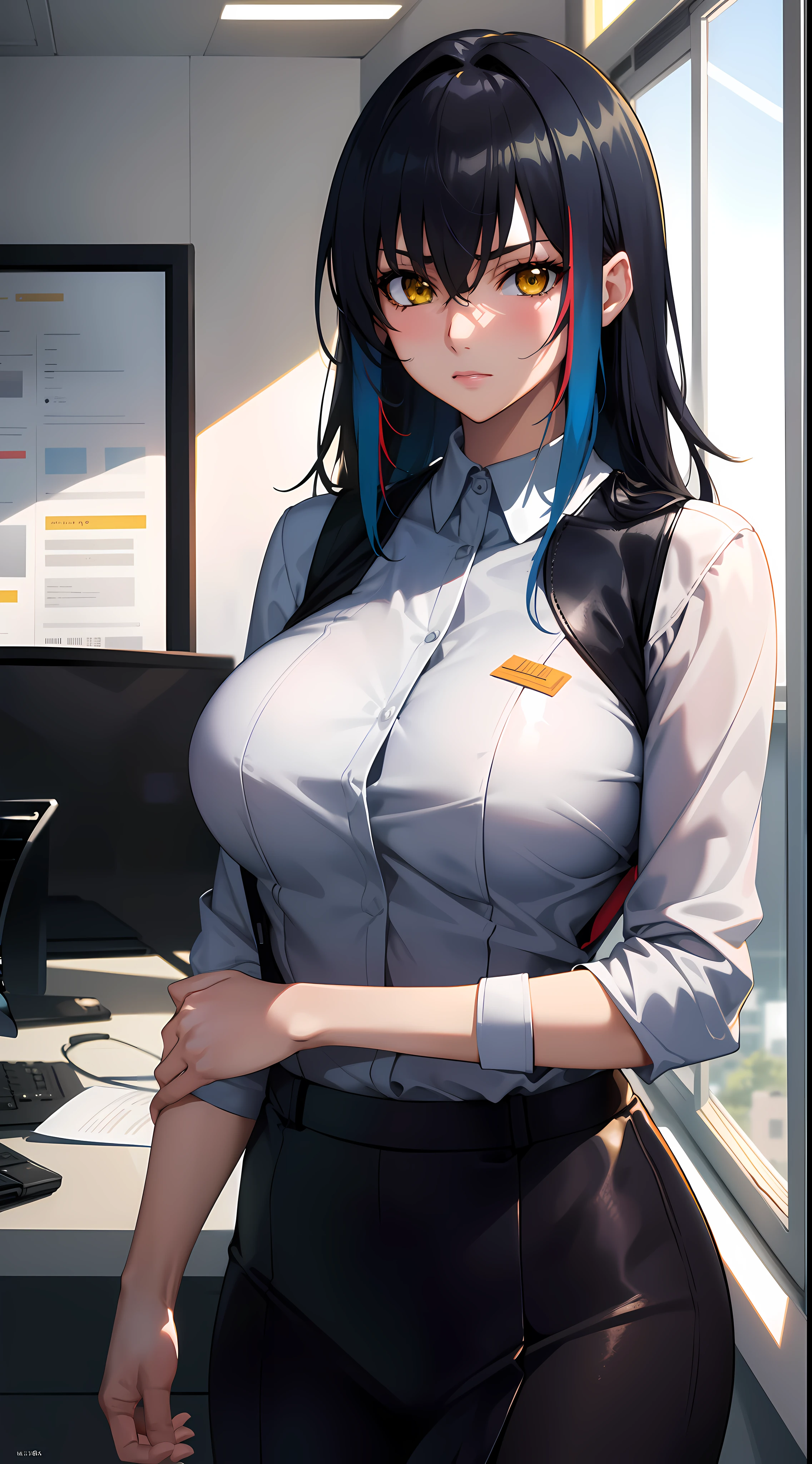 gigantic breasts, Sexual turn, black eyes, one-girl, The color of the girl, largeeyes, black hair,Long hair,(tmasterpiece,best qualtiy:1.3),Wear your school uniform,miniskirt