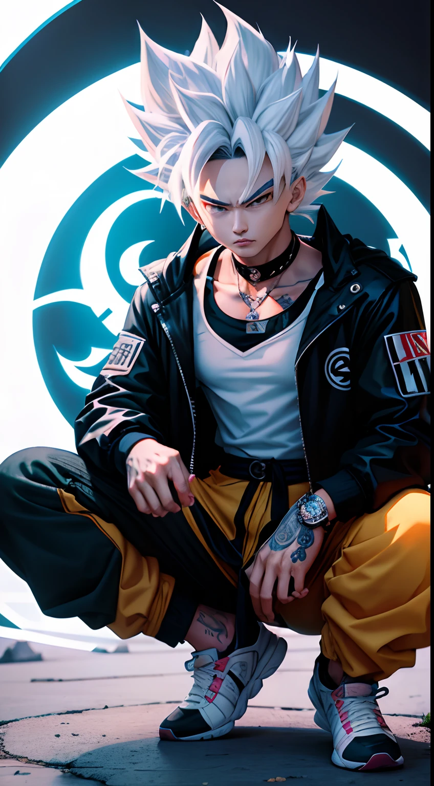 Son Goku in Dragon Ball, greyt hair，Fashion graffiti clothing，Trendy clothing，Tide brand，black black jacket，vests，denim pant，Lunette de soleil，Bracelet，ear studs，decorations，athletic sneakers，Tattooed with，choker necklace，Ultra high quality，Best quality，tmasterpiece，超高分辨率，Super Saiyan with white glow，quadratic element，鸟山明风格，1990's ，Cartoony,