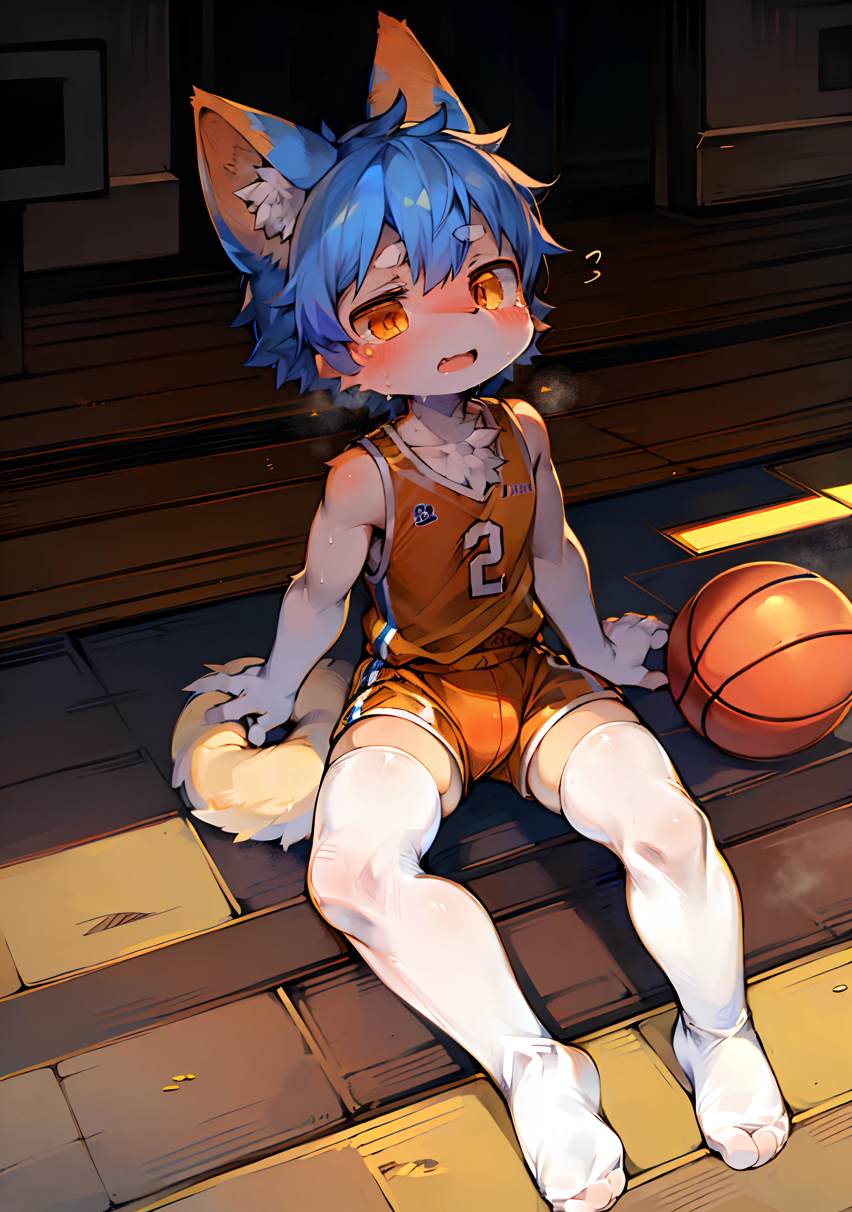 Furry, fox, shota, young, bulls uniform, bulge under shorts, in basketball court, pre ejaculations seeping through shorts, embarrassing, bulge, socks, basketball uniform, bulging under clothing, no sleeves, laughing, alone, horny, stroking bulge, sweating, gay, cum through shorts, long baggy shorts, alone, tall, huge bulge