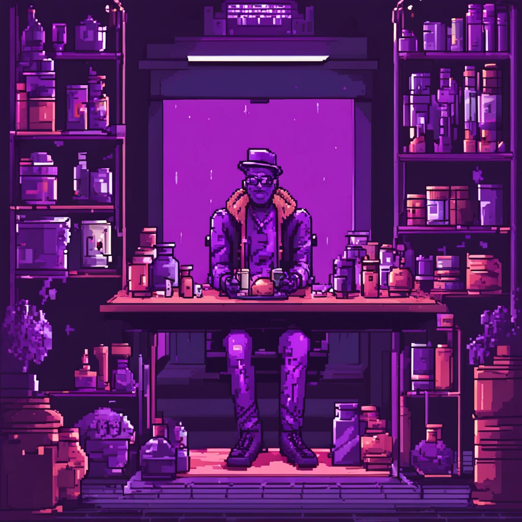 pixelart alquimista tons_purple man holding potion smoke_roxa escuro bonito moderno
