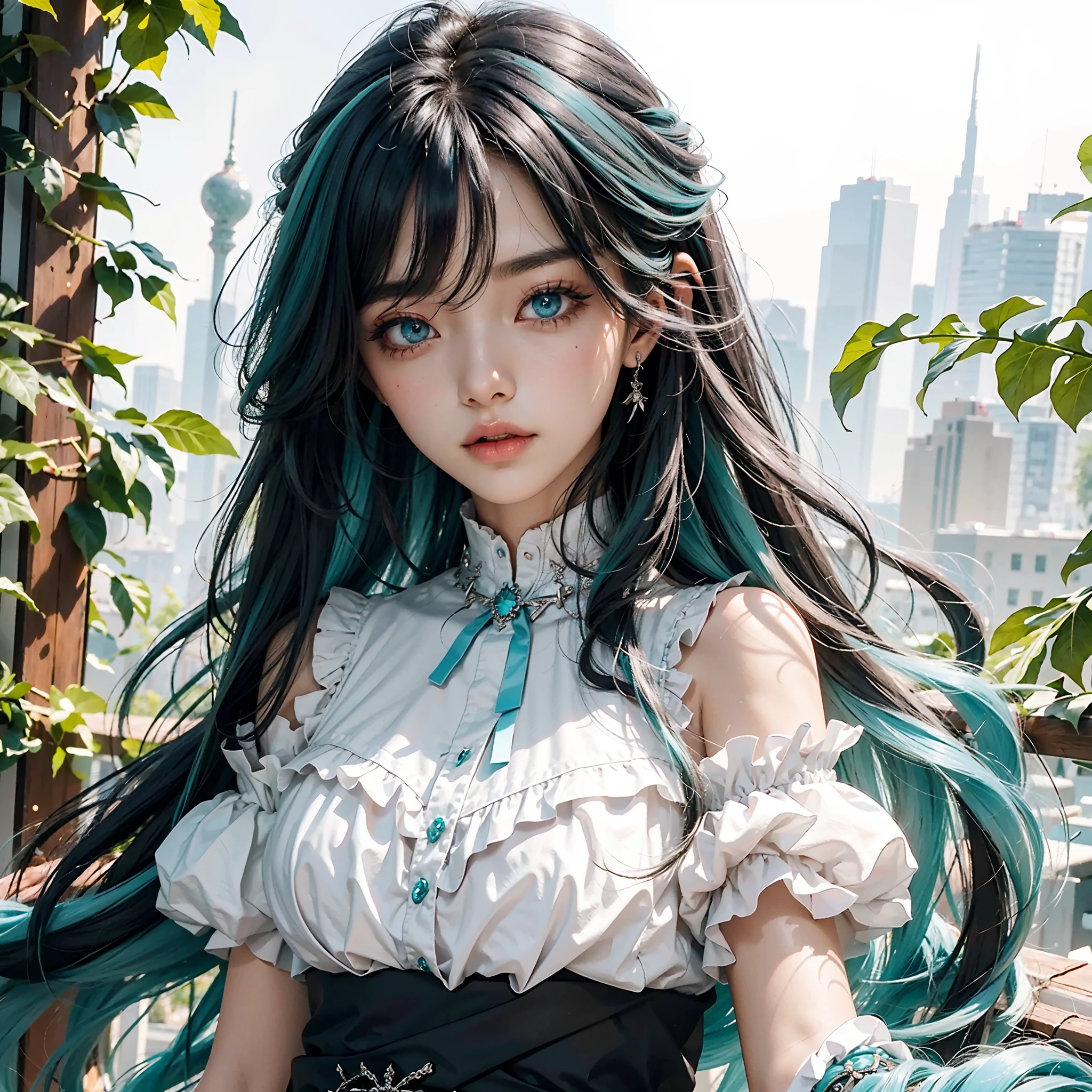 tmasterpiece，Best quality at best，the Extremely Detailed CG Unity 8K Wallpapers，In the daytime， White skin of the，long eyelasher, Long hair and waist，Pitch-black hair, Gradient hair, The ends of the hair are blue-green，Turquoise eyes，hair straight, White school uniform, Beautiful long neck, frontage，The upper part of the body，Jewel-like eyes，Extremely beautiful，Fair face，Light eyebrows，bit girl
