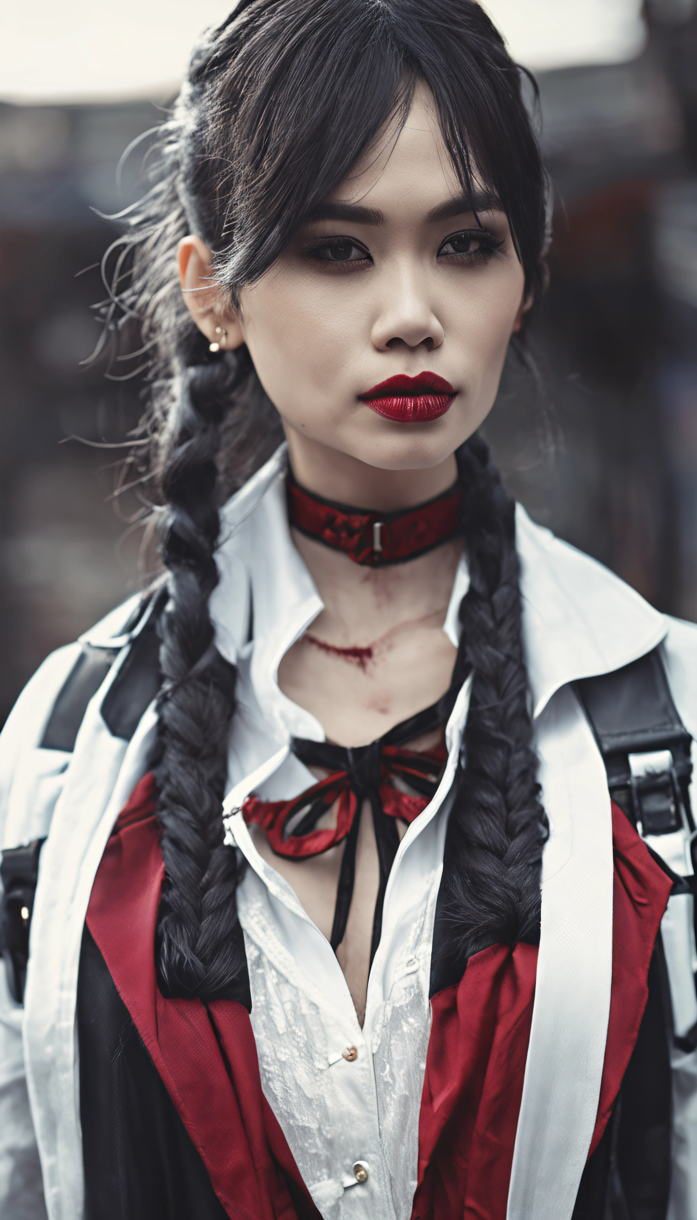 nude young female vampire Vietnamese, young cute vampire, cybernetic fangs, black red and white dyed hair, dual braided hair, leather trench coat only, Photorealistic, city background, Realistic, Dramatic, Dark, Sharp Focus, 8k