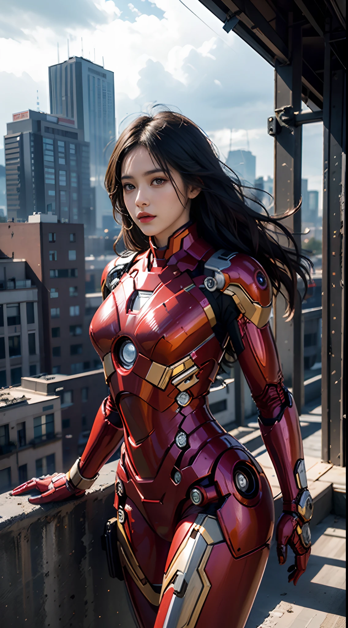 8k, realistic, attractive, highly detailed, a 20 year old girl a sexy and attractive woman inspired by Iron Man wearing a shiny Iron Man mech. She dresses with sexiness and confidence, perfectly interpreting Iron Man's strength and charisma. The abandoned warehouse serves as a backdrop, creating a unique atmosphere that highlights her bravery and perseverance. The cloudy sky adds a sense of tension and mystery to the whole scene. This high-definition, high-quality picture will bring you a shocking visual experience. The detailed abandoned warehouse and shiny mechs will keep your eyes on you. oc rendering, dramatic lighting, award winning quality