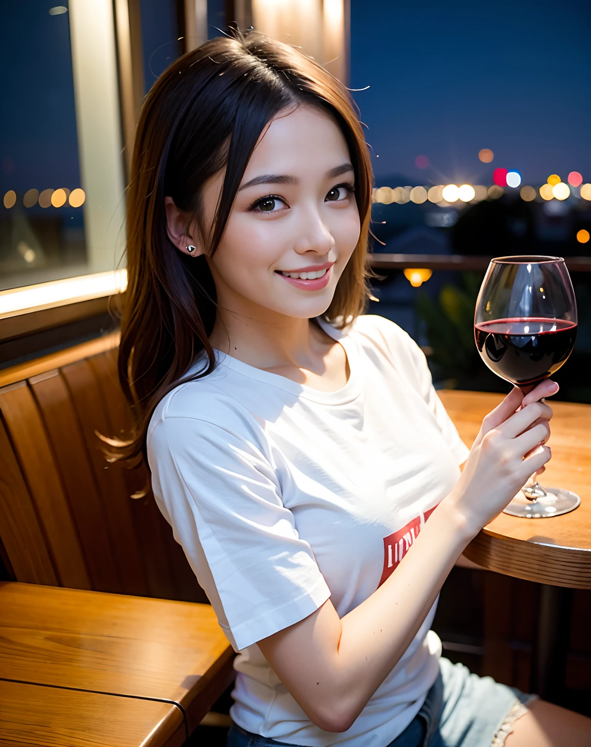(masterpiece, best quality:1.1), (8k, raw photo, photo realistic:1.2, f22), (shiny skin), detailed skin,long hair,ribbon,detailed face, detailed eyes,smile,BREAK, real world, intricate details, smil, BREAK, 1girl, full body,(short sleeve,ribbon,pink),BREAK, (table,wine:1.4)