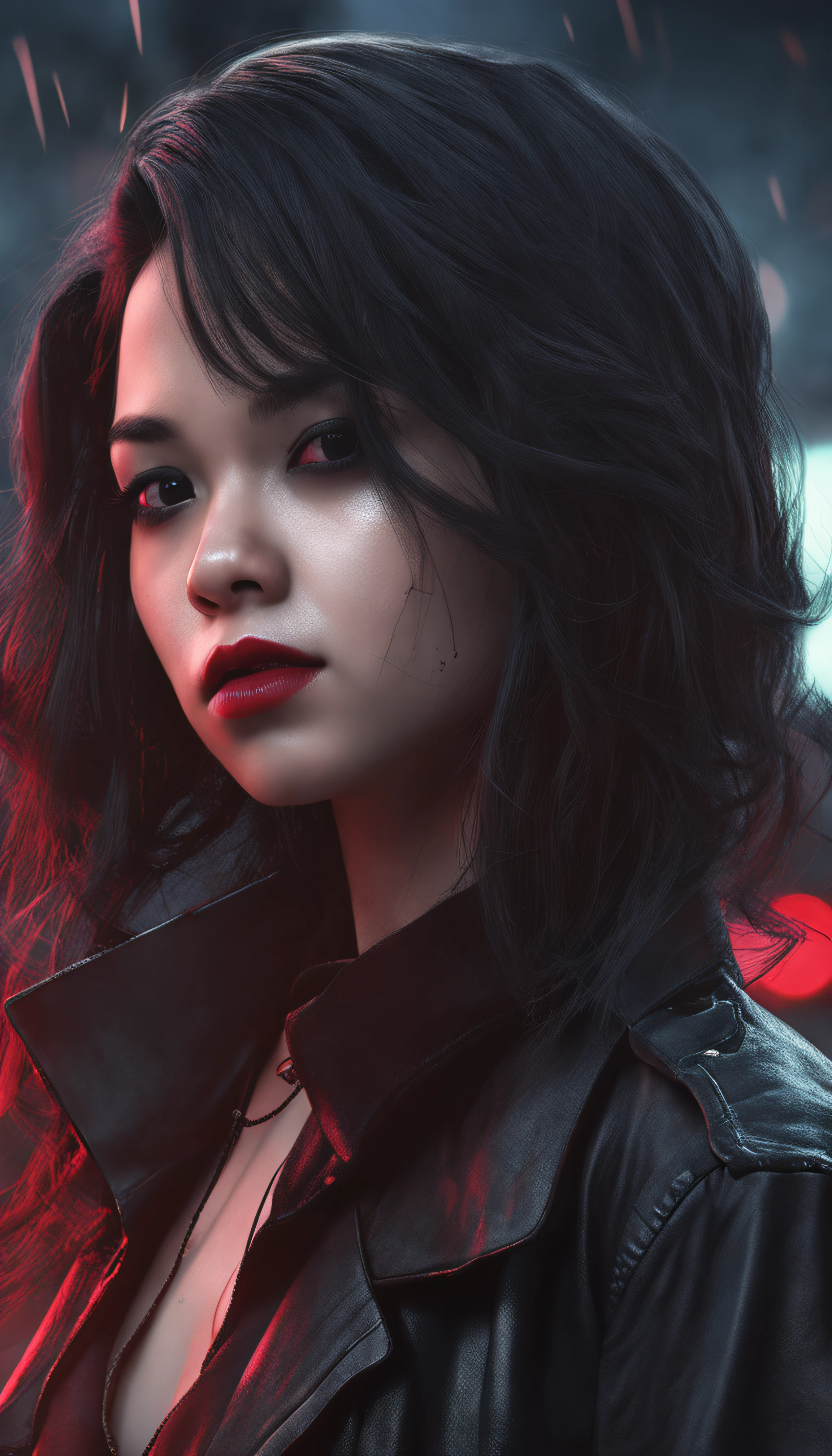 nude young female vampire Vietnamese, young cute vampire, cybernetic fangs, black red and white dyed hair, dual braided hair, leather trench coat only, Photorealistic, city background, Realistic, Dramatic, Dark, Sharp Focus, 8k