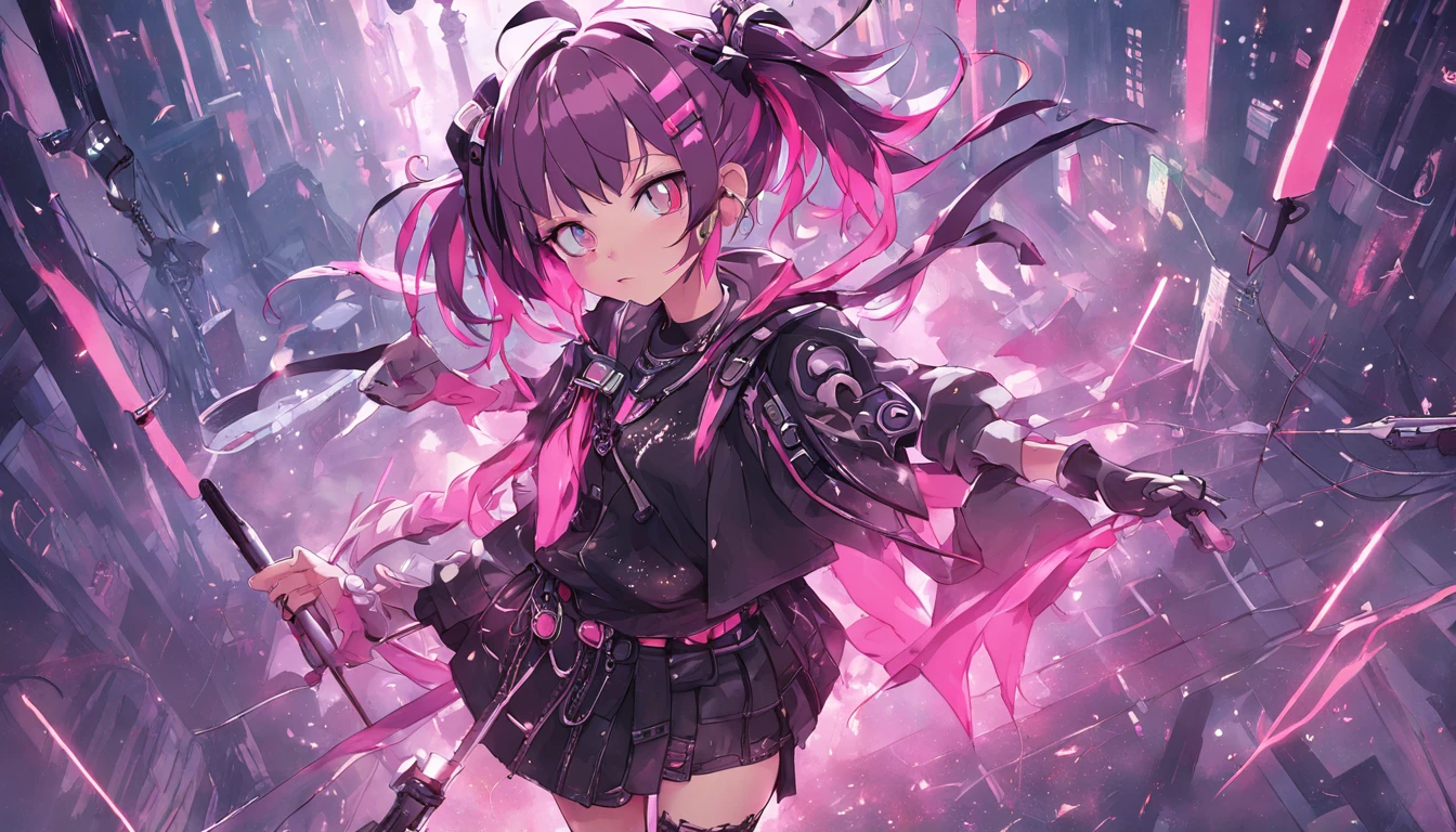 A photograph with an extreme perspective shot from hip level up. A caucasian cybergothic girl with asymmetric clothing, skulls and metal belts, a short leatherskirt, a cropped top and a fishnettop on top, one knee high lace sock and combatboots. She has black hair and pink hairstrands, with bangs and some loosely braided strands. A lot of plastic tubelike hair accessories glowing in neongreen and neonpink. The background is a blurred cyberpunk city with neon lights.