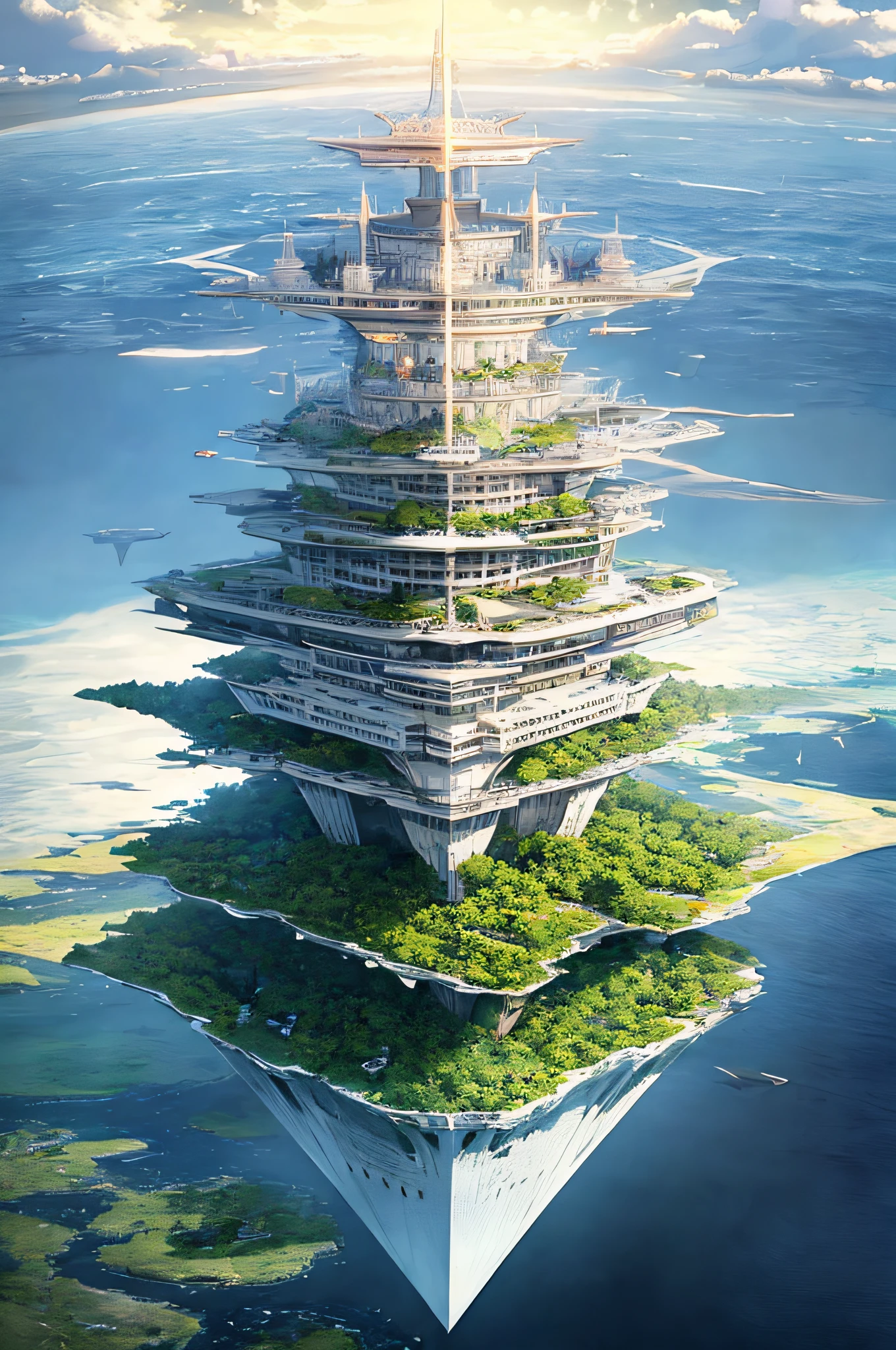 Close-up of very tall buildings on a small island, City in the Sky, Concept Art 4K, Concept Art 4K, concept art wallpaper 4k, Floating city, Concept art. 8 K, Tower of the Future, floatingpalace, highly realistic concept art, concept art 8 k, Futuristic skyscraper, futuristic utopia, Huge futuristic building,Fantasy world like anime