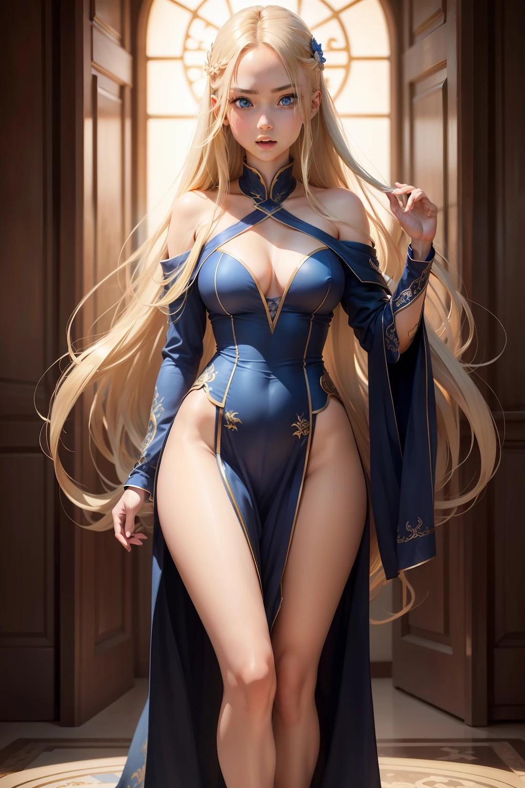 ,Full body photo， Beautiful girl with bright blue eyes, shocked expression,Wide eyes, Highly detailed skin, exposed, Photography, Masterpiece, Best quality, Gorgeous light blonde long hair, Ultra-detailed face, Detailed blue eyes, Pee