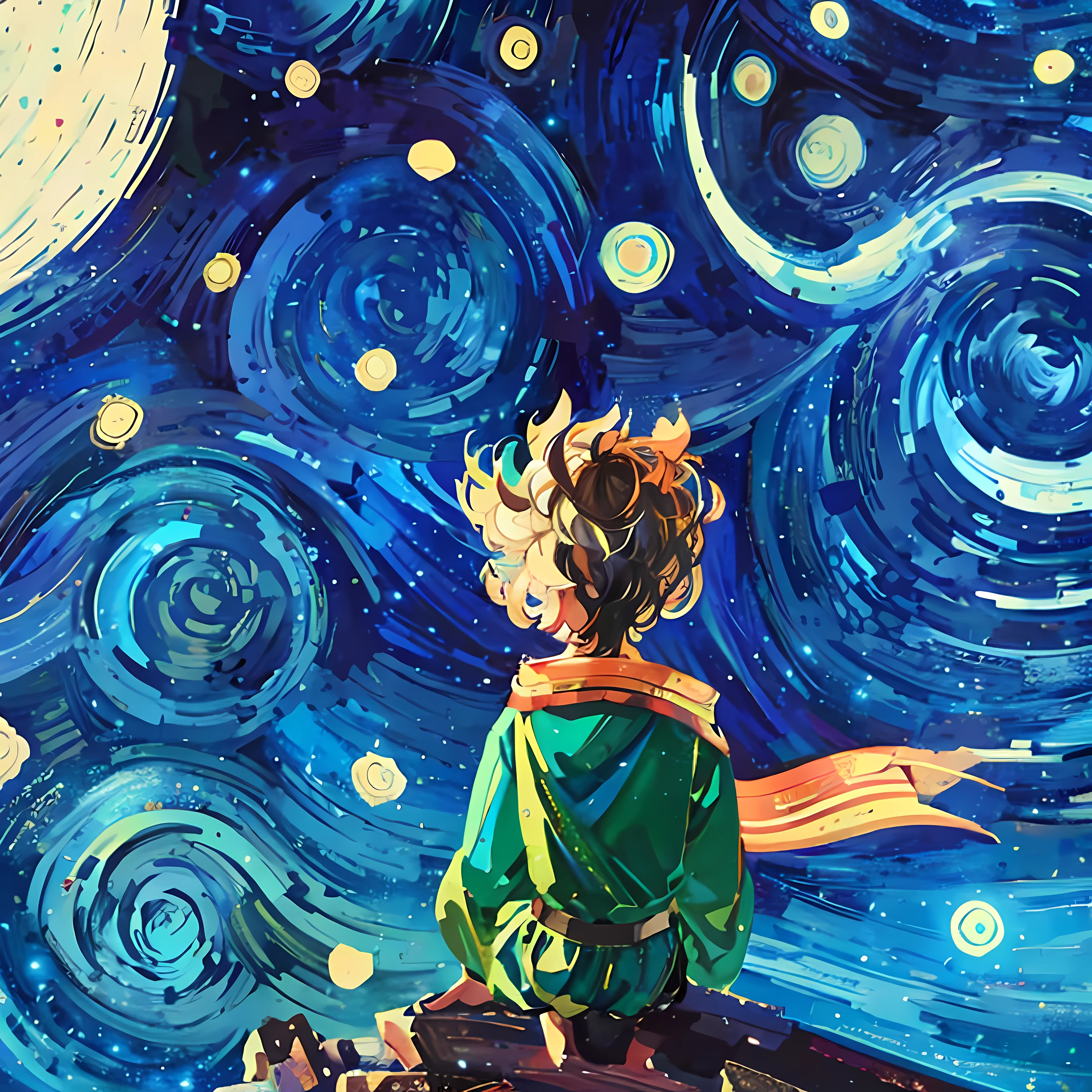 Draw a boy looking up at the stars,With the deep dreams of a little prince,Starry night painting style,digital cartoon painting art,painted digital art,Find the vitality of the stars,Epic digital painting,stunning art style。