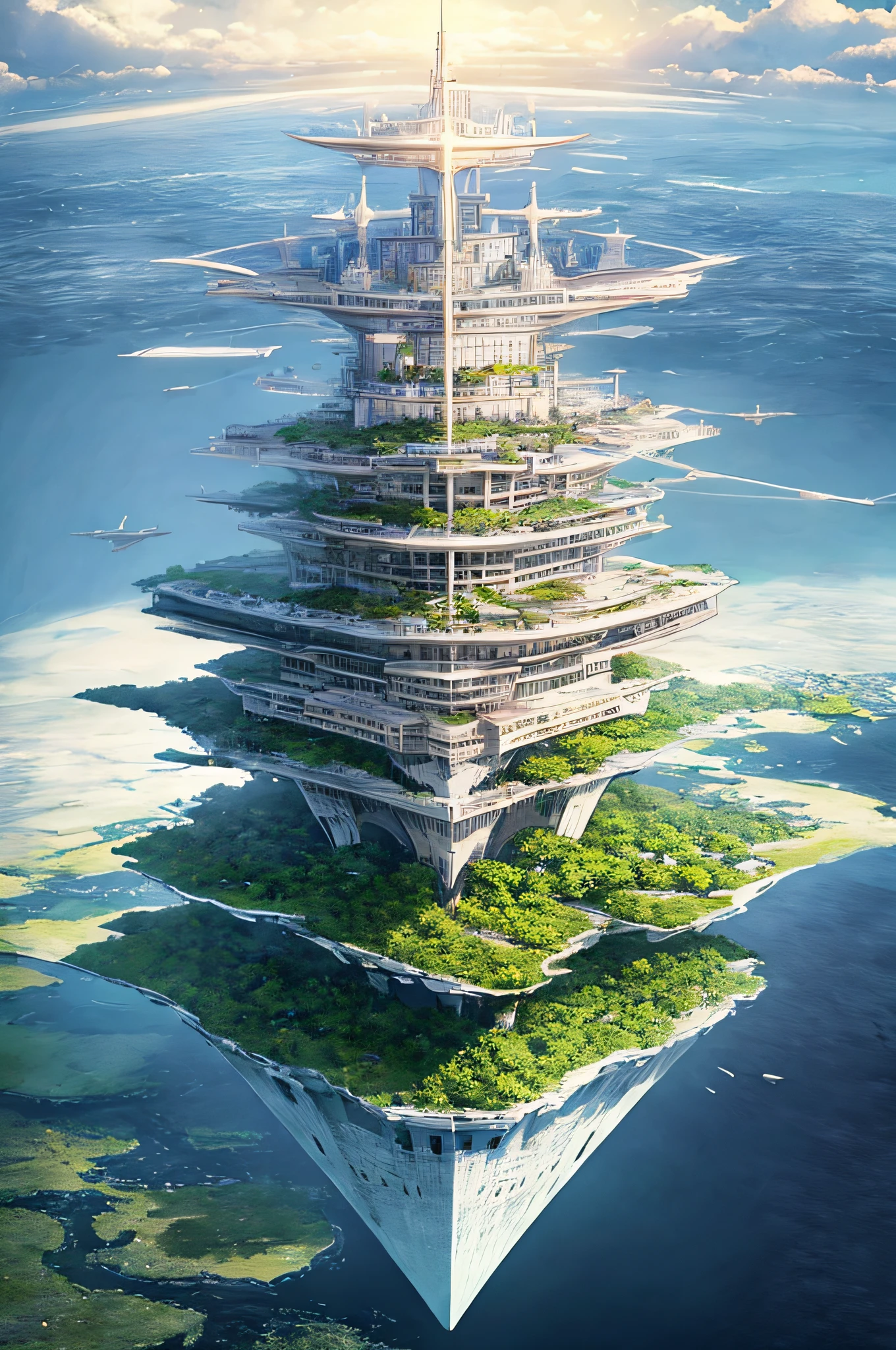 Close-up of very tall buildings on a small island, City in the Sky, Concept Art 4K, Concept Art 4K, concept art wallpaper 4k, Floating city, Concept art. 8 K, Tower of the Future, floatingpalace, highly realistic concept art, concept art 8 k, Futuristic skyscraper, futuristic utopia, Huge futuristic building,Fantasy world like anime